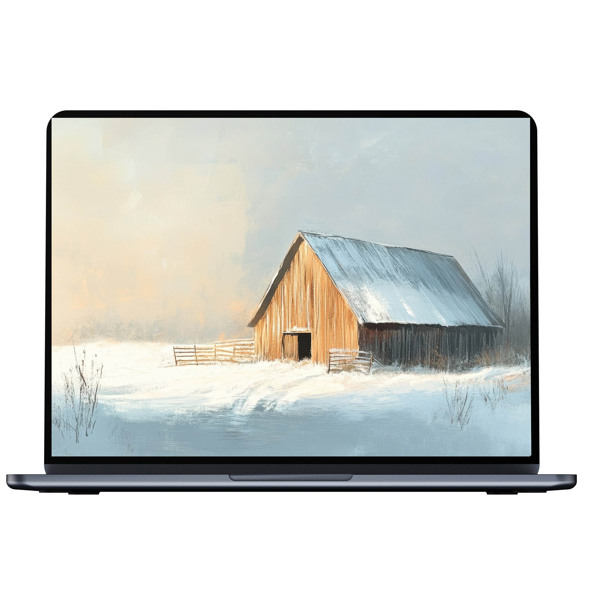 Winter desktop wallpaper digital download featuring a serene snowy barn scene in soft hues for PC or laptop backgrounds