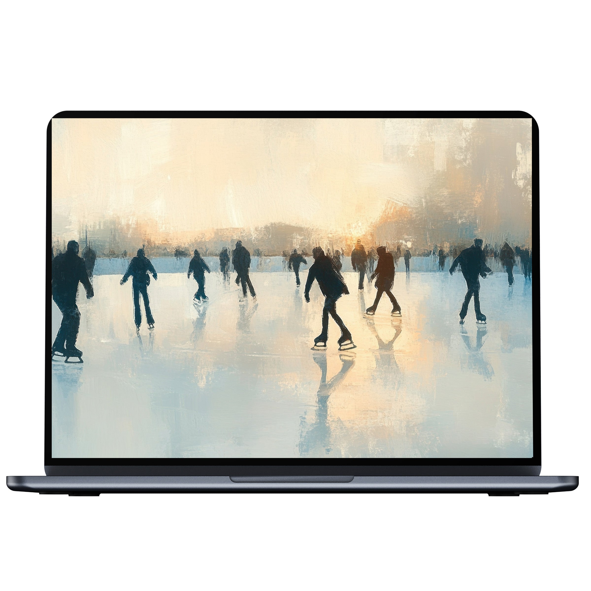 Winter desktop wallpaper featuring skaters at sunset on a serene icy lake for PC and laptop digital download and Mac