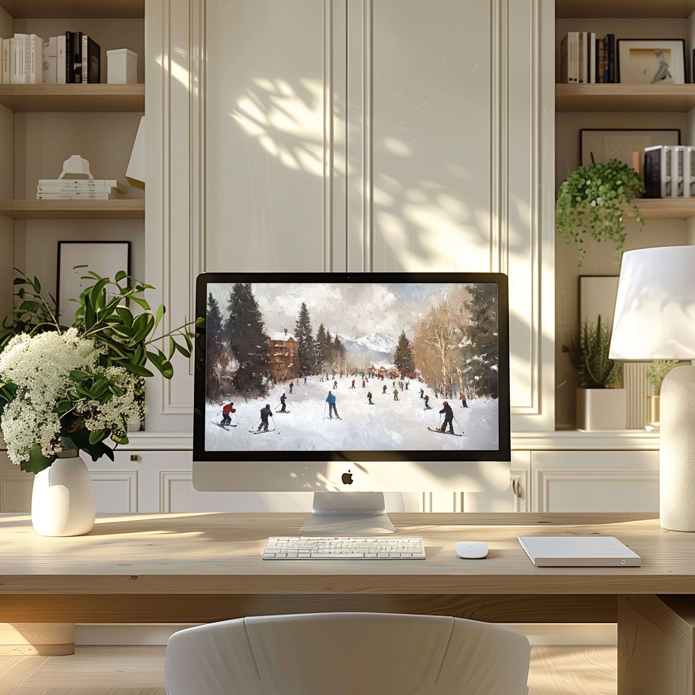 iMac on wooden desk in bright home office displaying a winter wallpaper for Mac with a snowy ski resort scene, featuring skiers on white slopes surrounded by pine trees and mountains