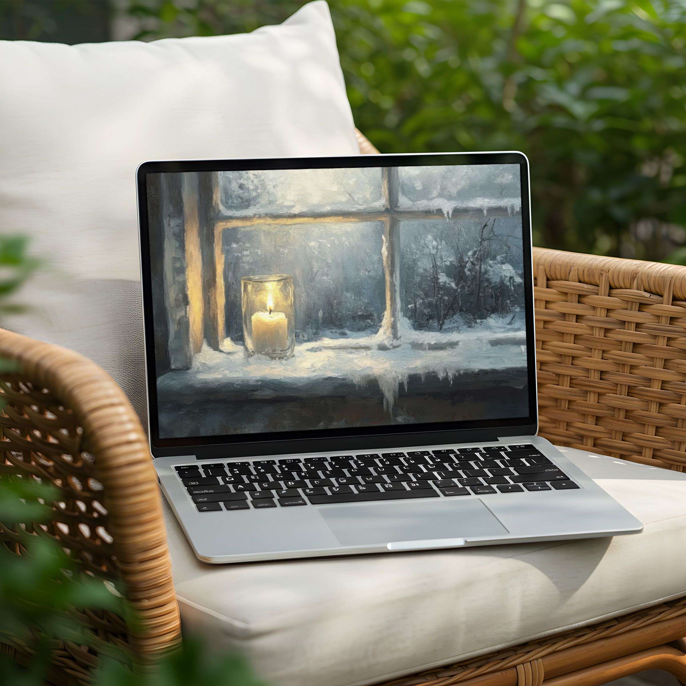 Elevate your PC with this candlelit snow scene desktop background for instant download perfect for laptop elegance and calm inspiration