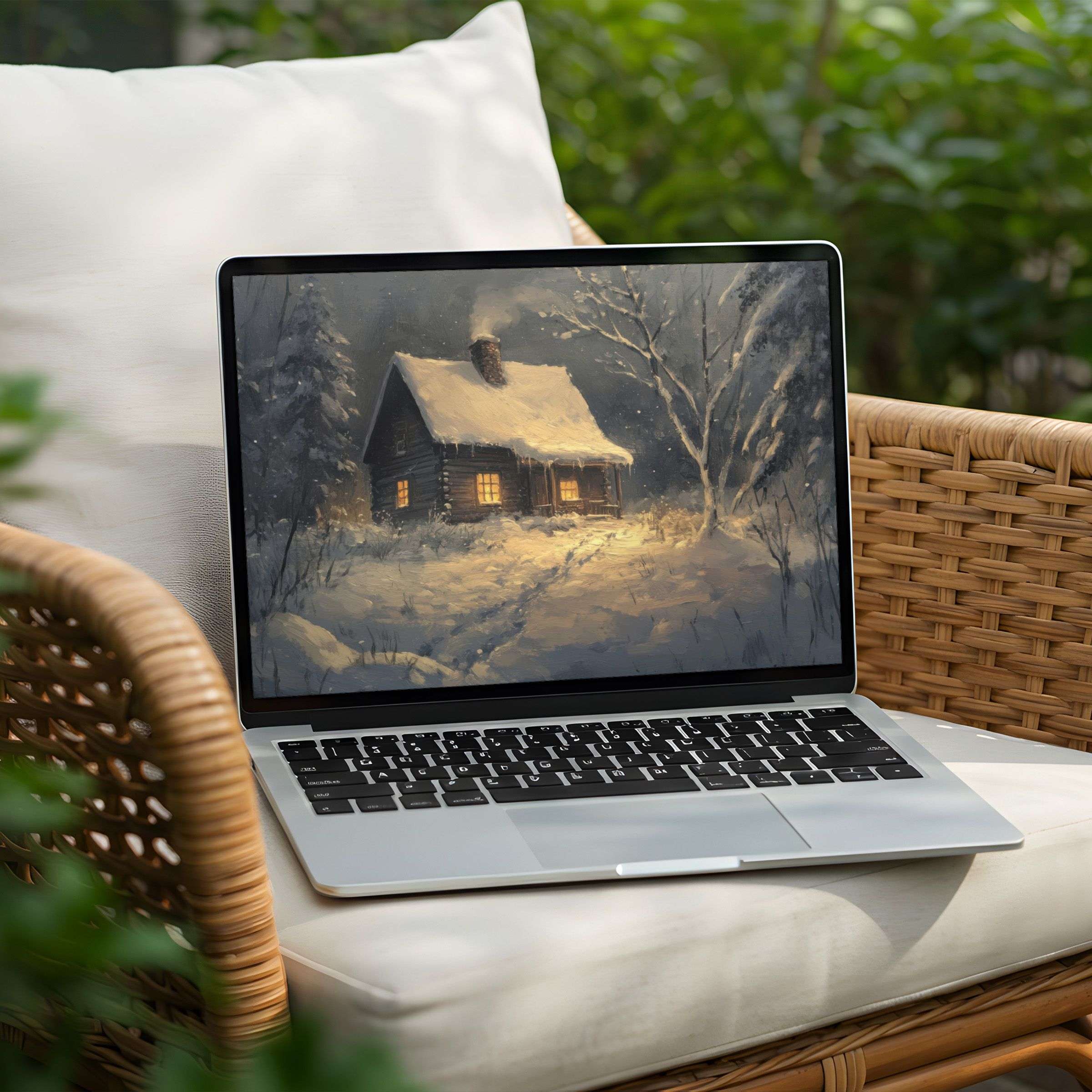 Cozy log cabin in snow, perfect instant download desktop background for PC or Laptop, inspiring calm and elegance