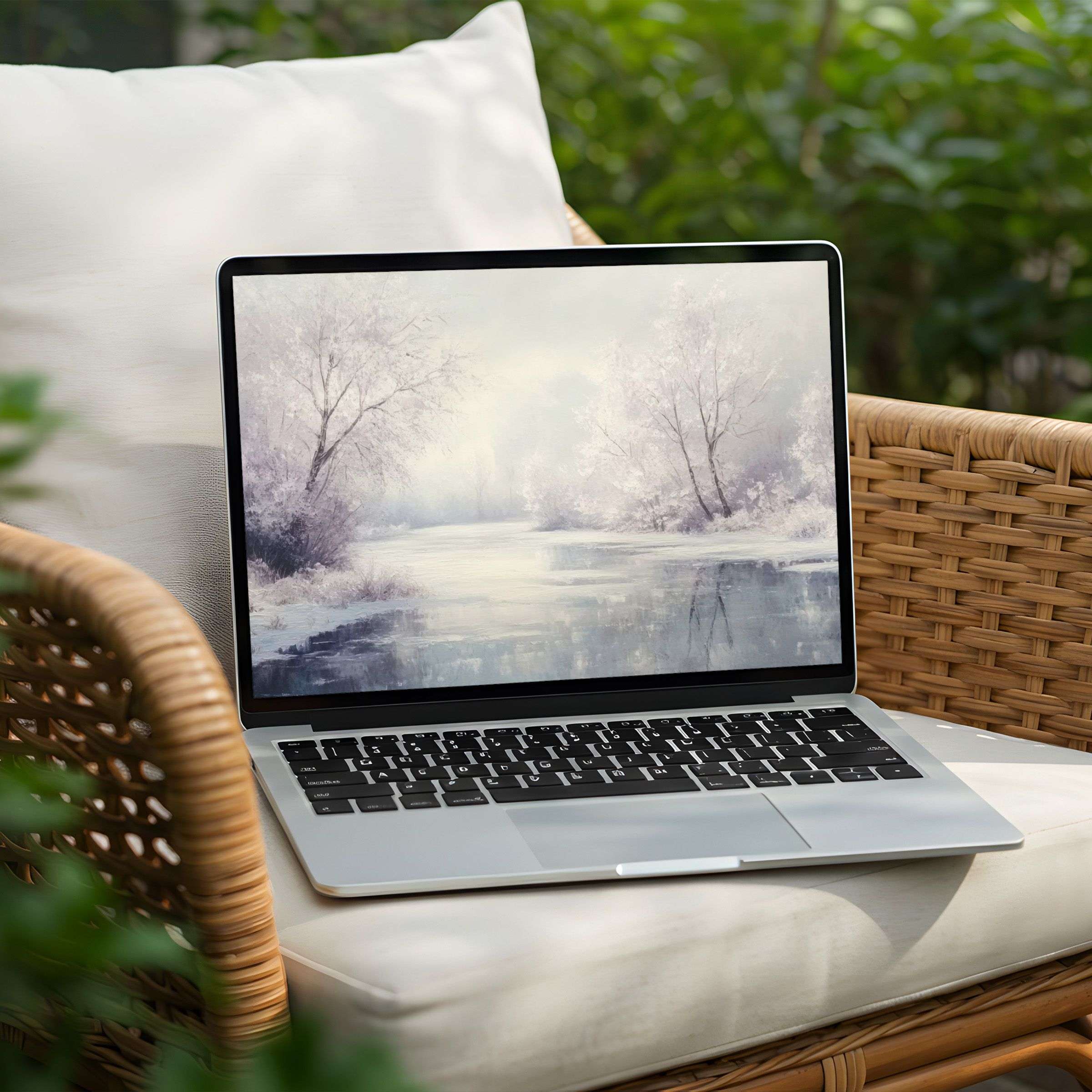 Serene winter landscape desktop background for PC or Laptop instant download offers elegance and calm for mindful inspiration