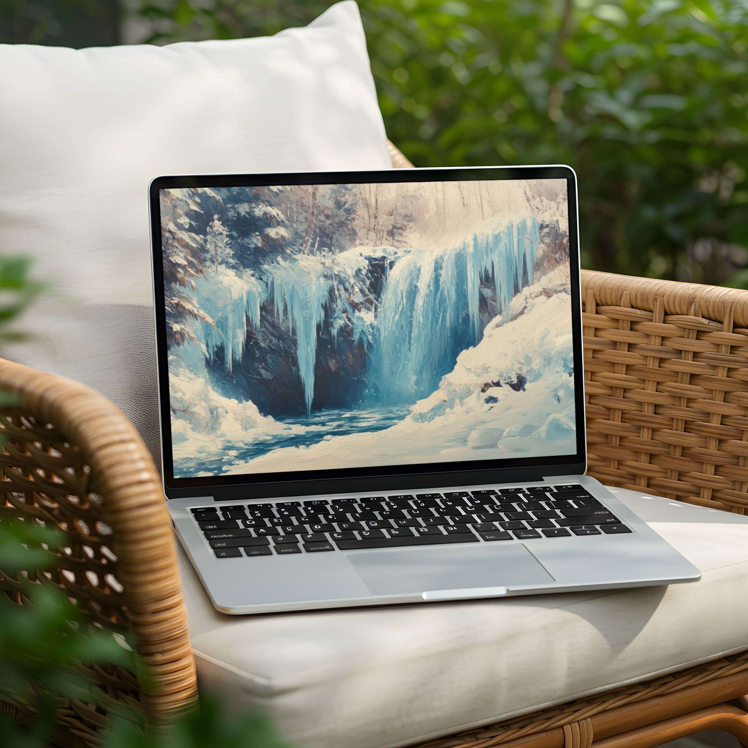 Tranquil icy waterfall desktop background for PC or Laptop brings calm and inspiration instant download for mindful elegance