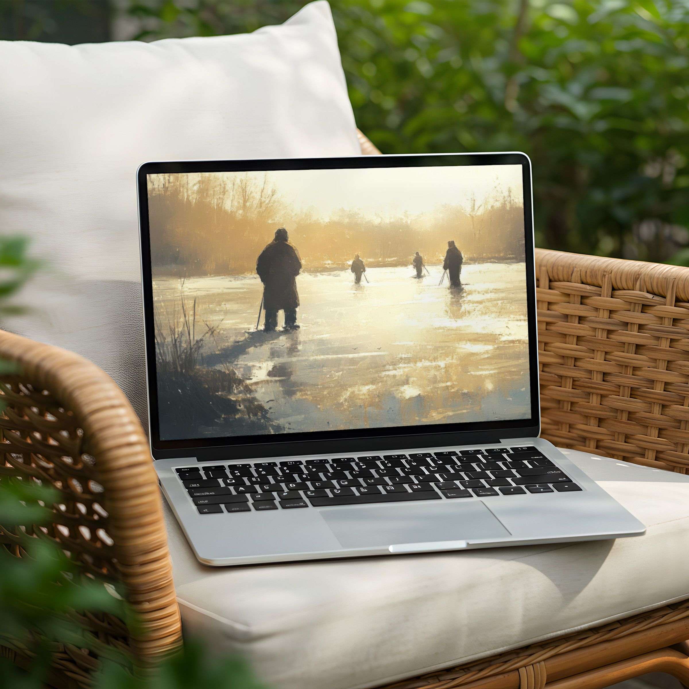 Serene landscape painting as a desktop background on a laptop for instant download evokes calm inspiration and mindfulness