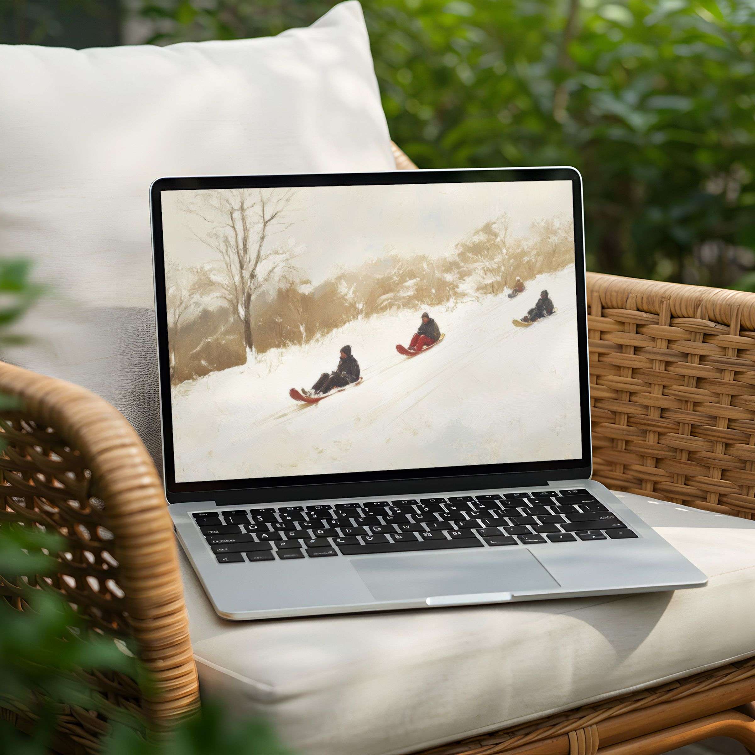 Elegant desktop background for PC and Laptop, featuring serene winter sledding art, offering instant download for mindful inspiration
