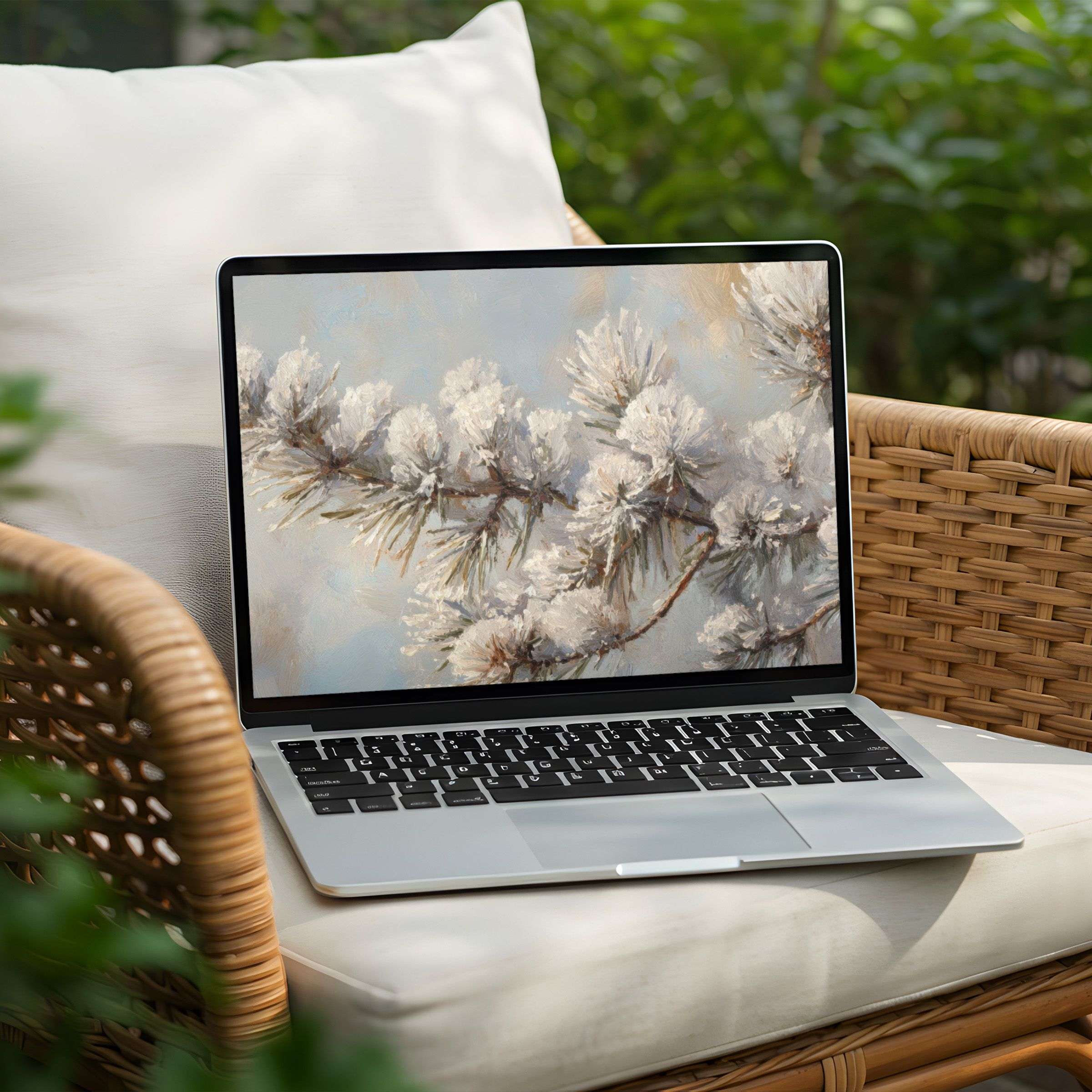 Laptop displaying serene snow-covered branches desktop background for instant download on PC or Laptop fostering calm inspiration