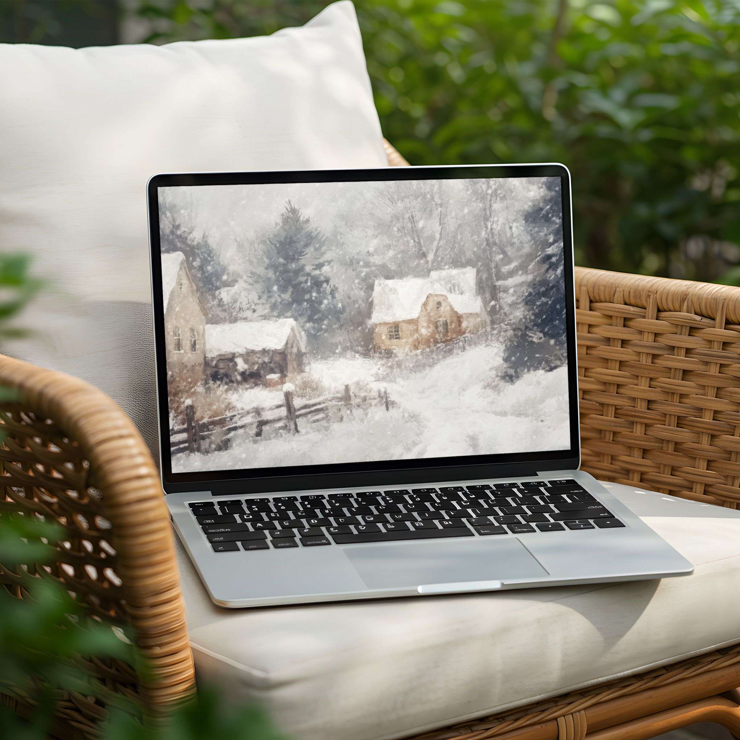 Calming snowy village desktop background for your PC or laptop offers instant download with serene elegance and mindful inspiration