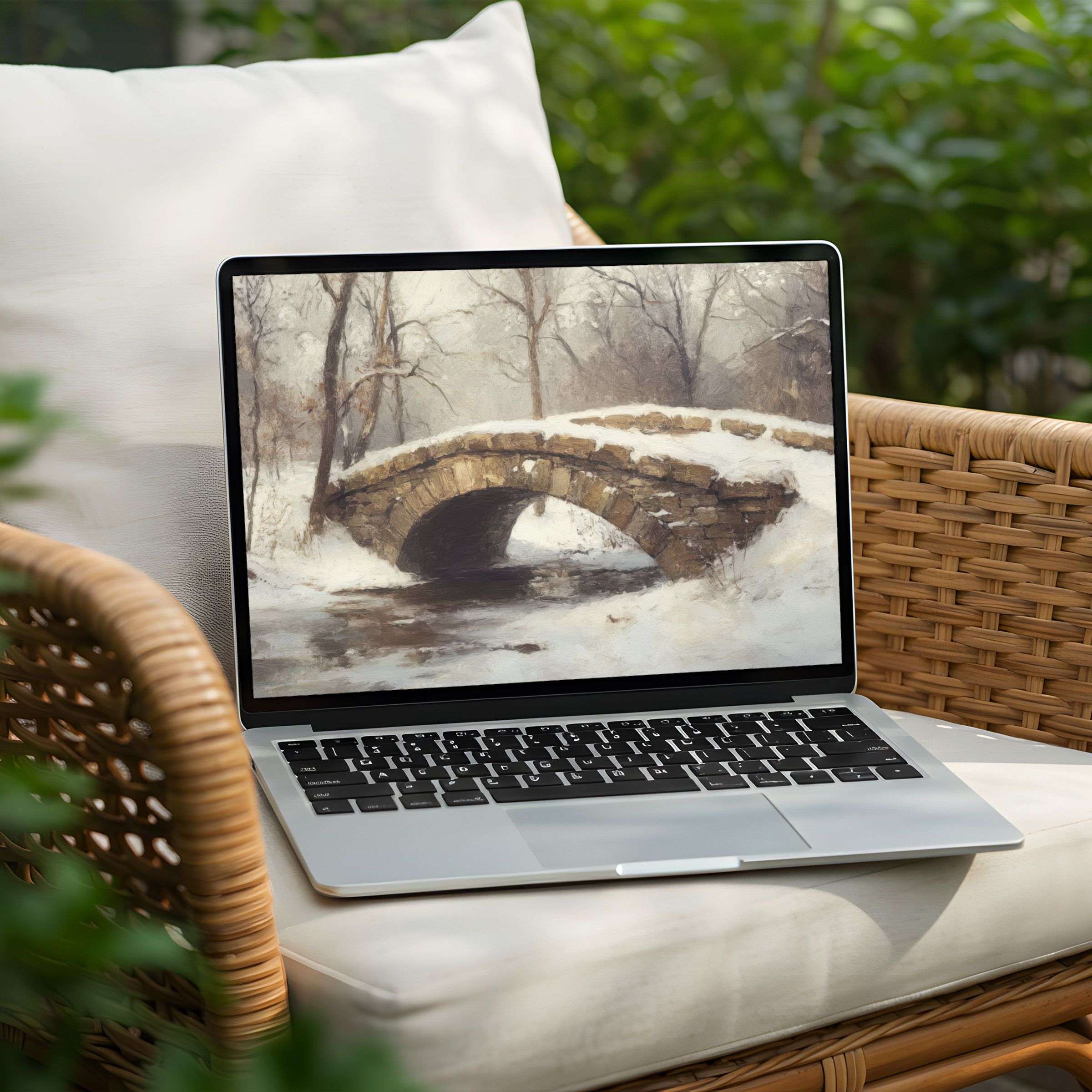 Elegant snowy bridge painting enhances your PC or Laptop desktop background with calming inspiration through instant download