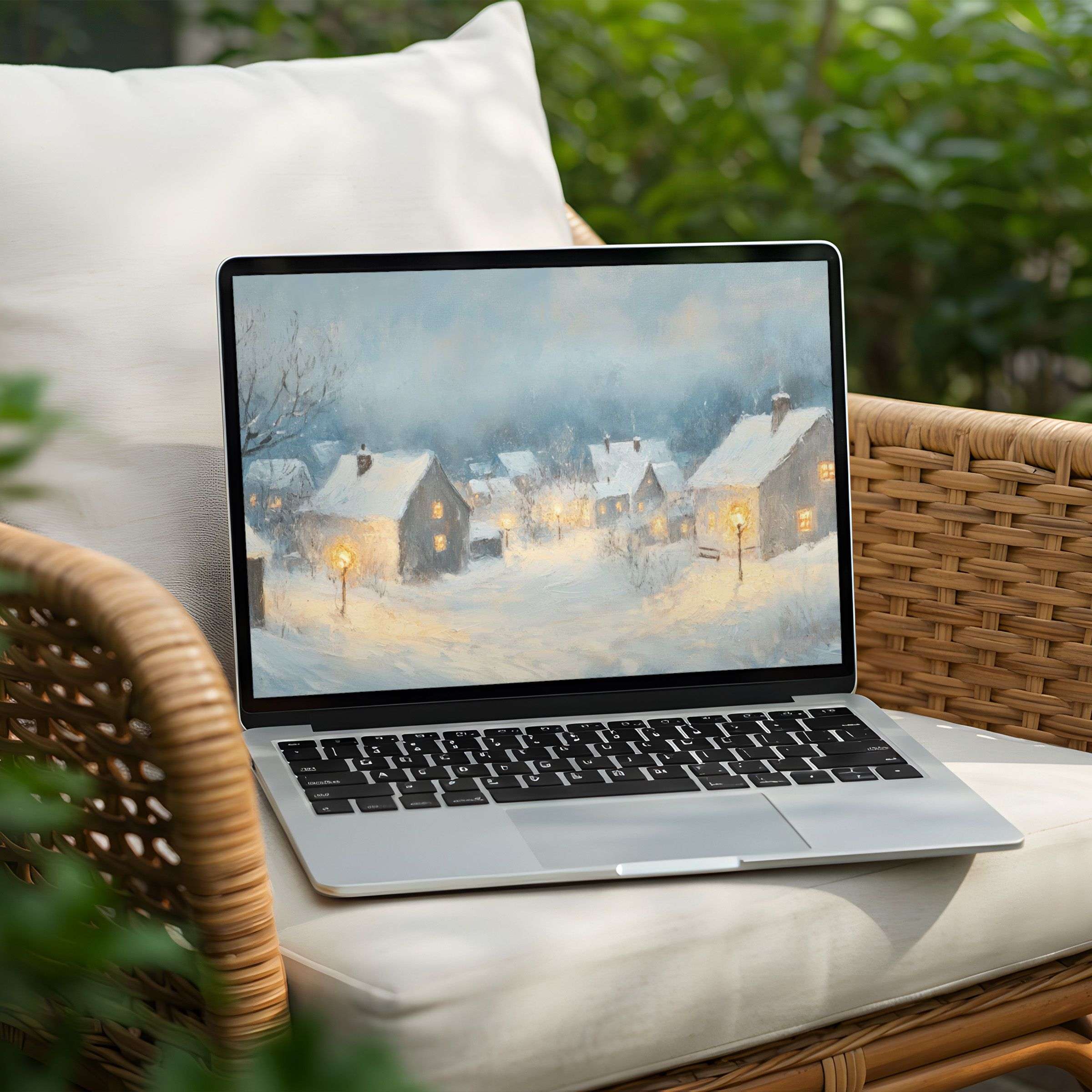 Serene snow-covered village scene as a desktop background offers instant download for PC or Laptop users seeking inspiration and tranquility