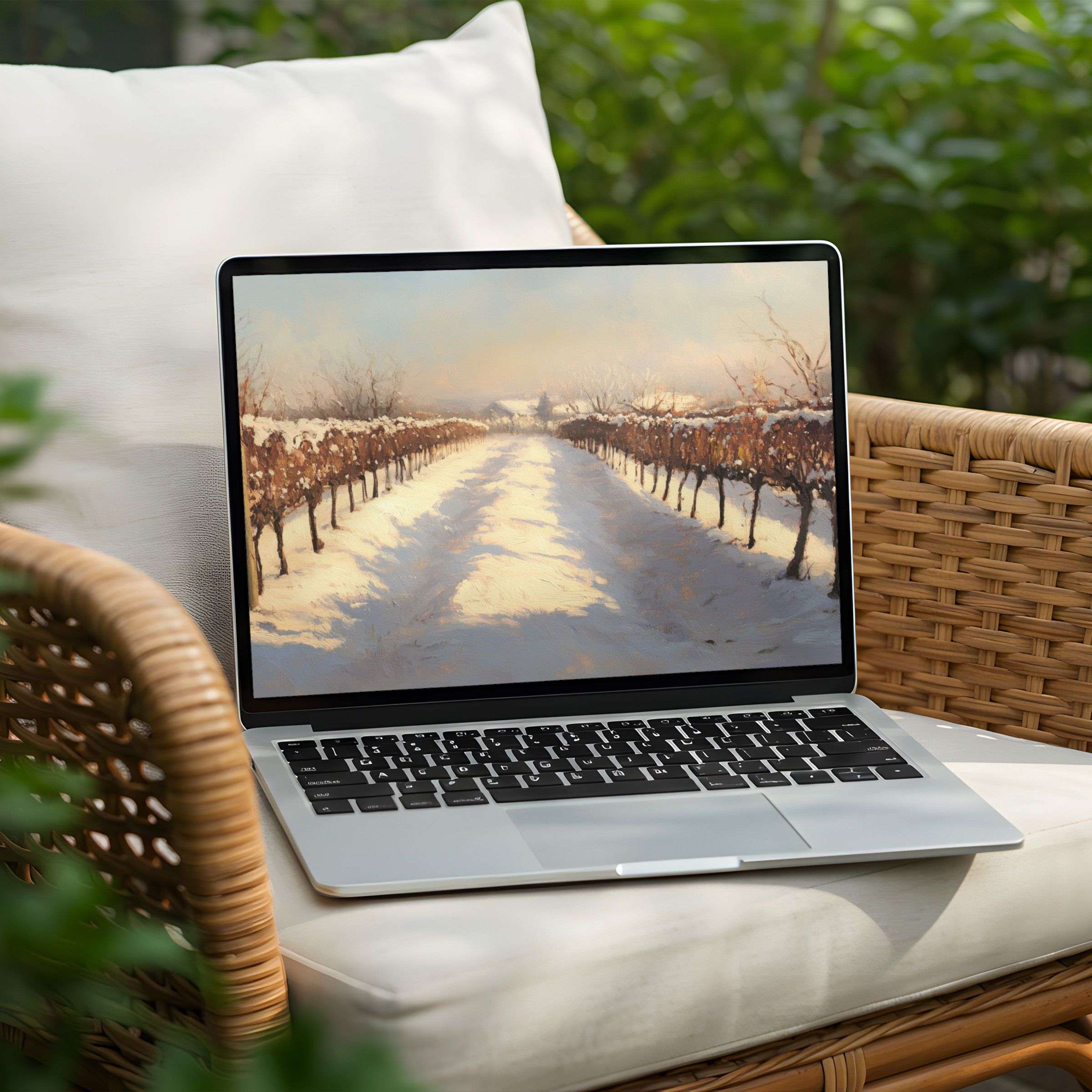 Elegant vineyard snow scene desktop background for PC and Laptop instant download to inspire calm and mindful productivity