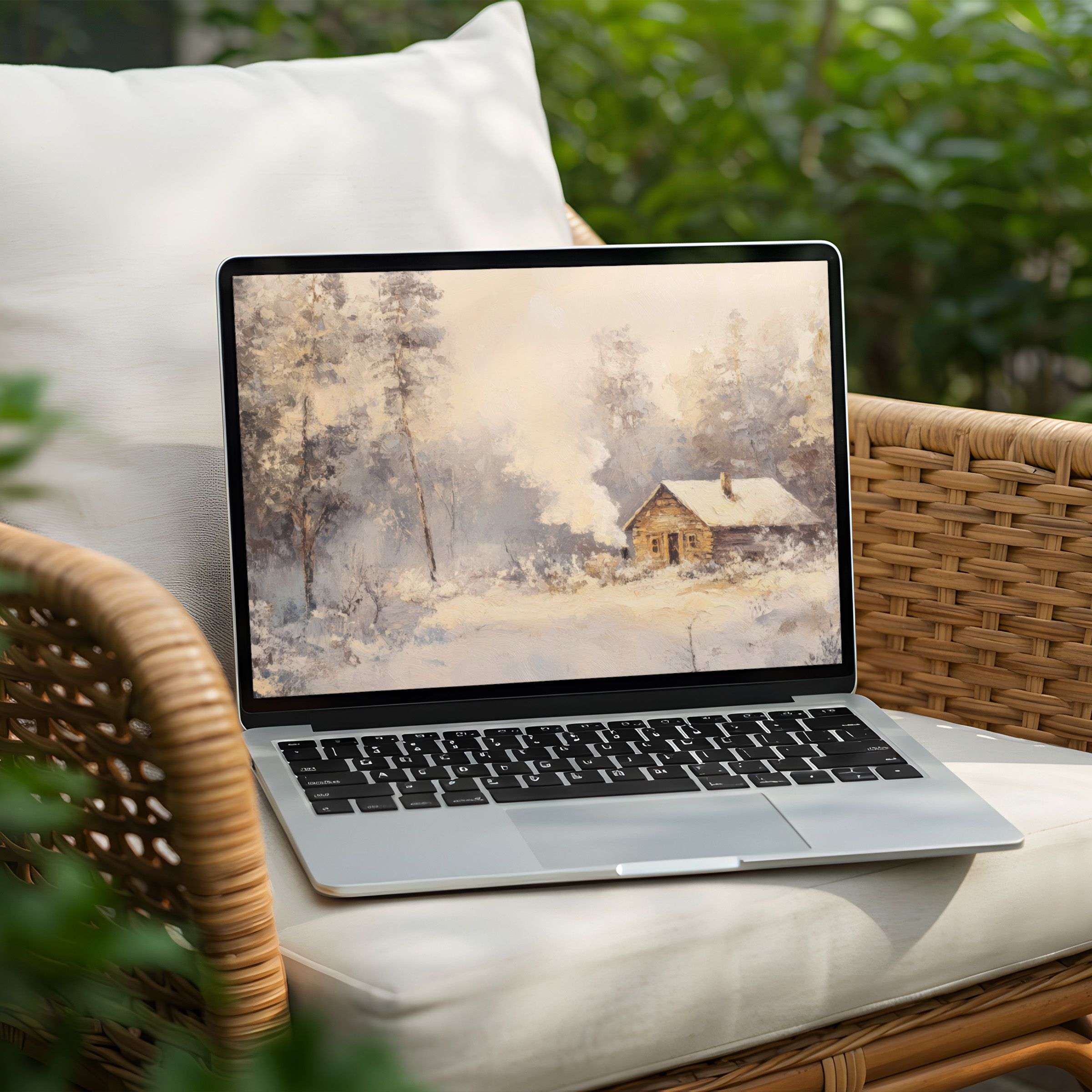 Elegant snowy cabin painting as a desktop background for PC or Laptop inspiring calm and mindfulness via instant download