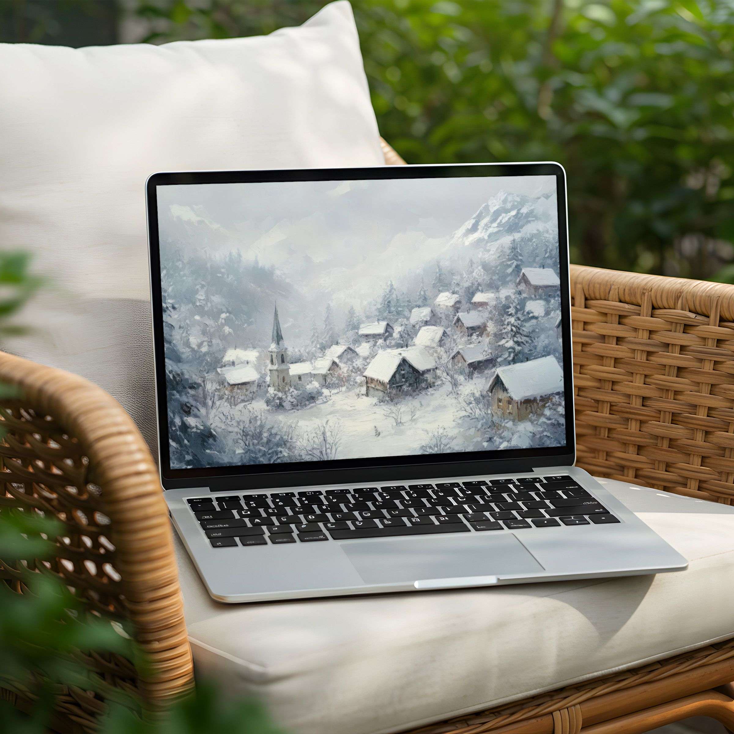 Snowy village desktop background for PC and Laptop instant download evokes calm and elegance with serene winter scenery