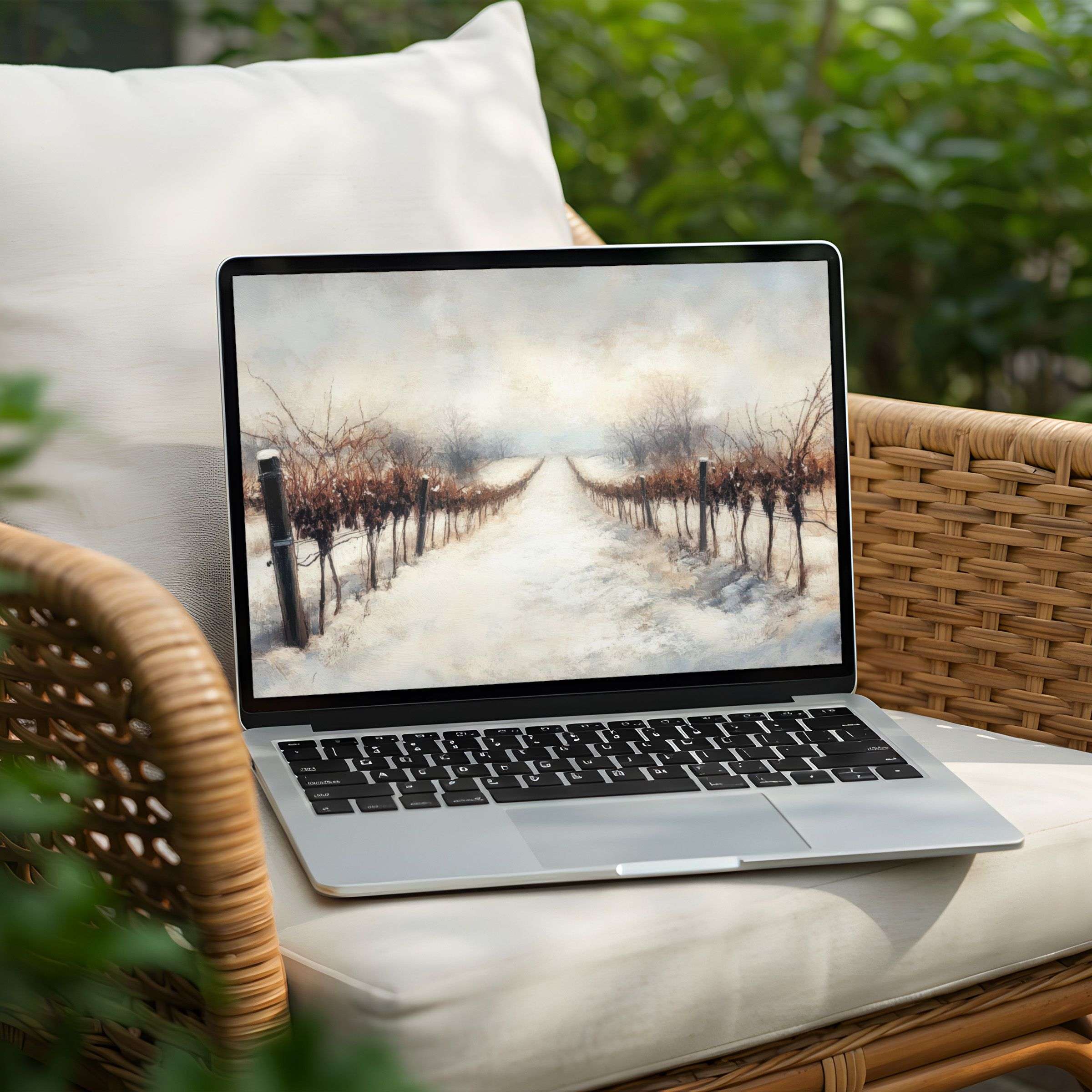 Serene winter vineyard scene desktop background for PC or Laptop instant download to inspire calm and elegant mindfulness