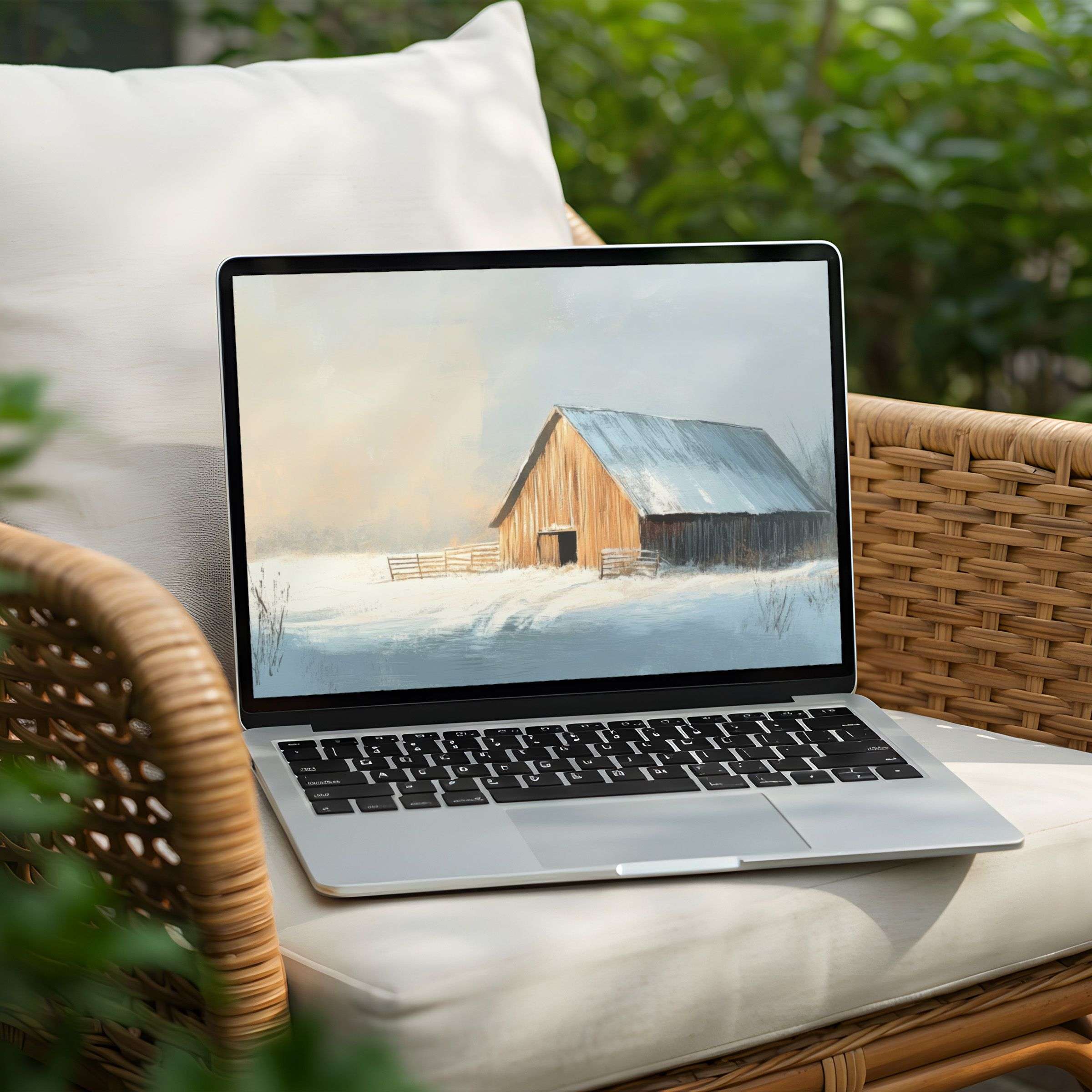 Tranquil snowy barn painting desktop background for PC or Laptop instant download inspires elegance and mindful calm
