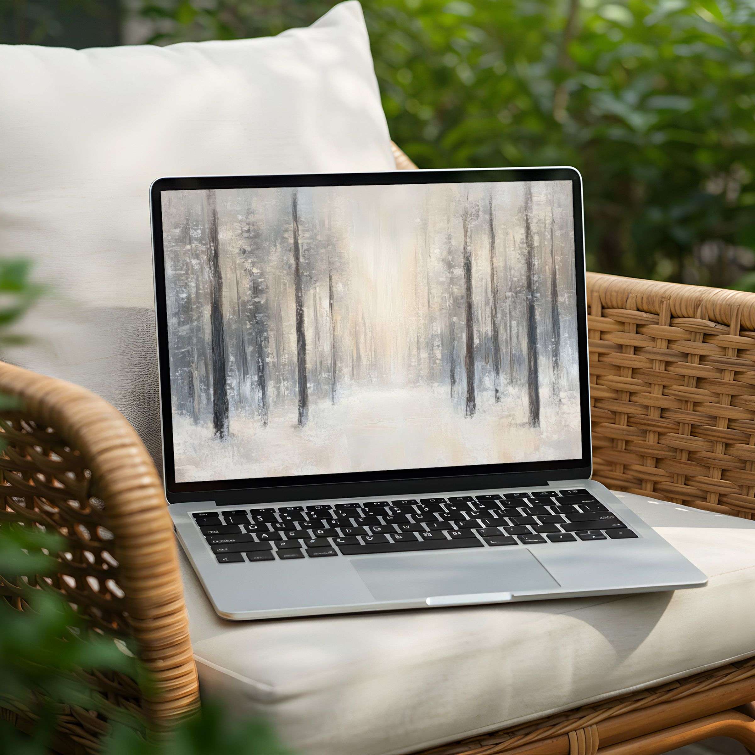 Serene winter forest desktop background on a Laptop for instant download brings calm and elegance to your PC decor