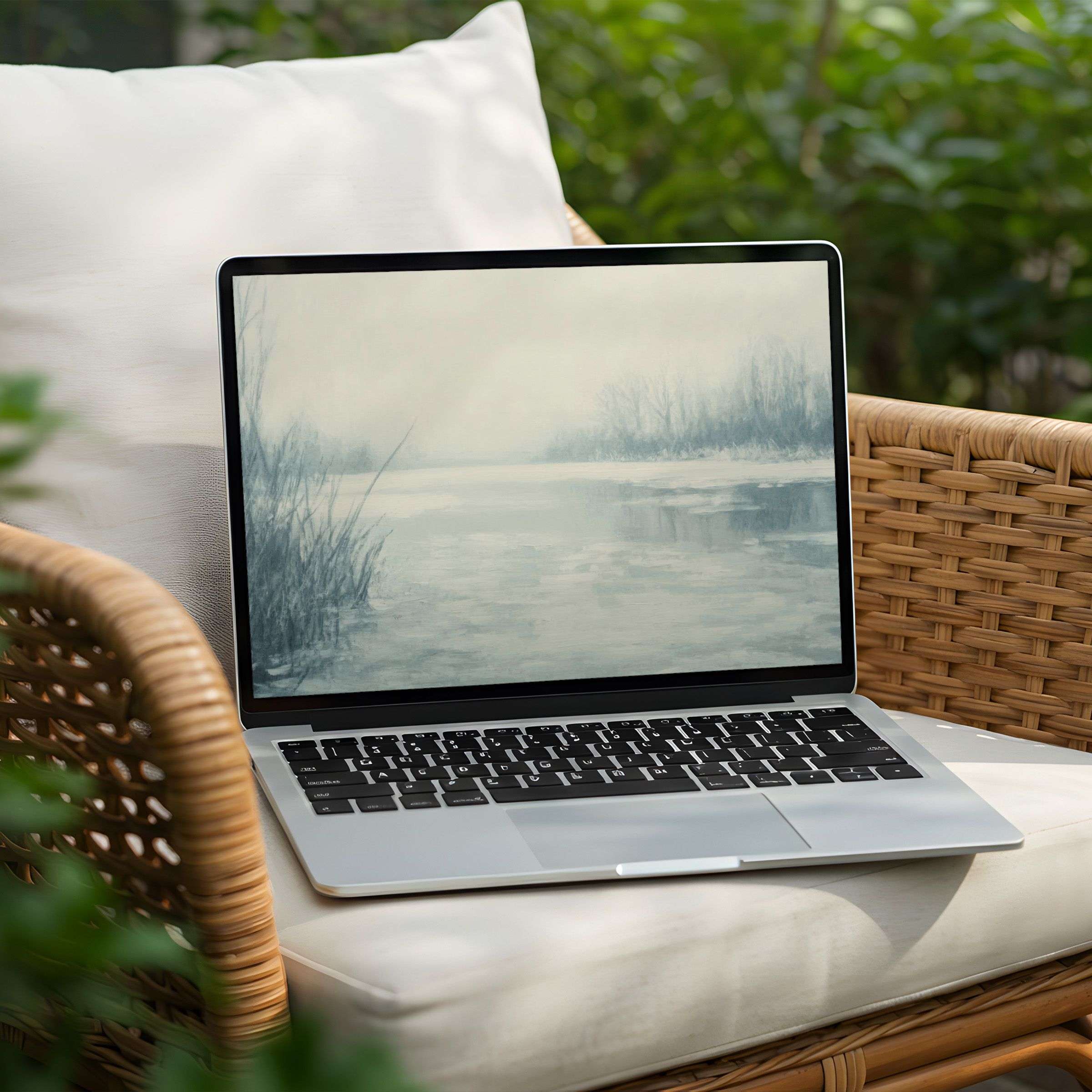 Serene landscape desktop background on a laptop in a wicker chair, perfect for instant download to inspire calm and elegance