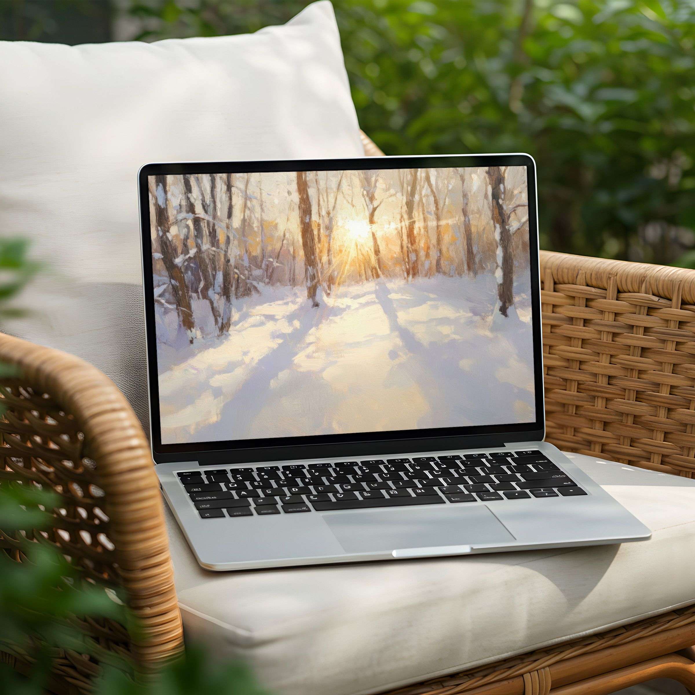 Elegant snow-covered forest landscape desktop background for PC and Laptop inspires calmness and mindfulness instant download