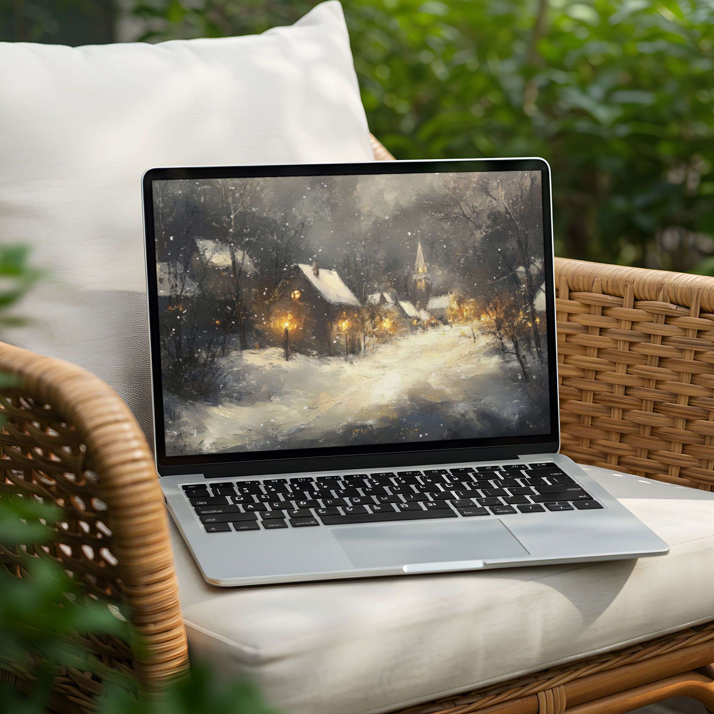 Snowy village scene desktop background for PC or laptop offering instant download evokes calm and elegant winter inspiration