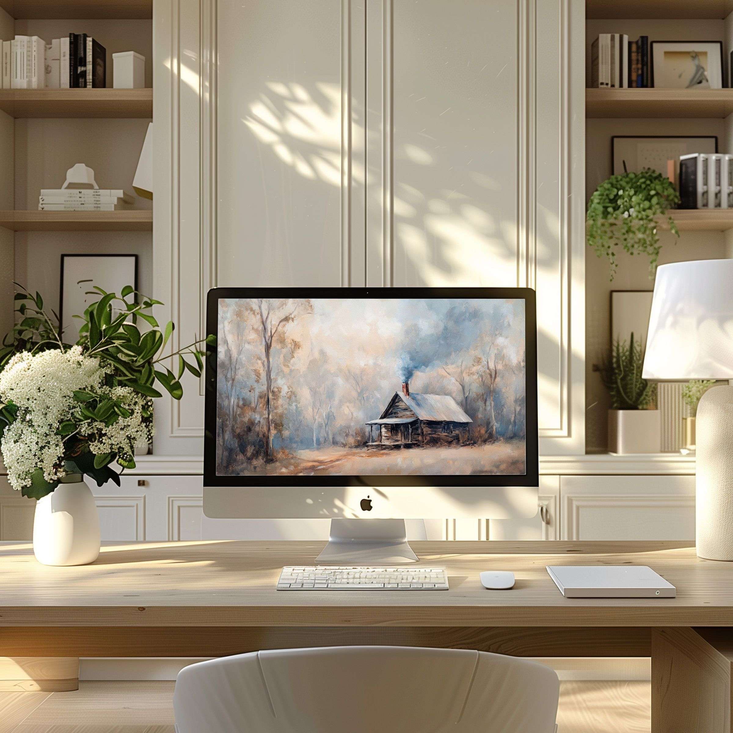 Calm landscape artwork wallpaper for computer in elegant home office inspires tranquility; digital download fits PC, laptop, ultrawide