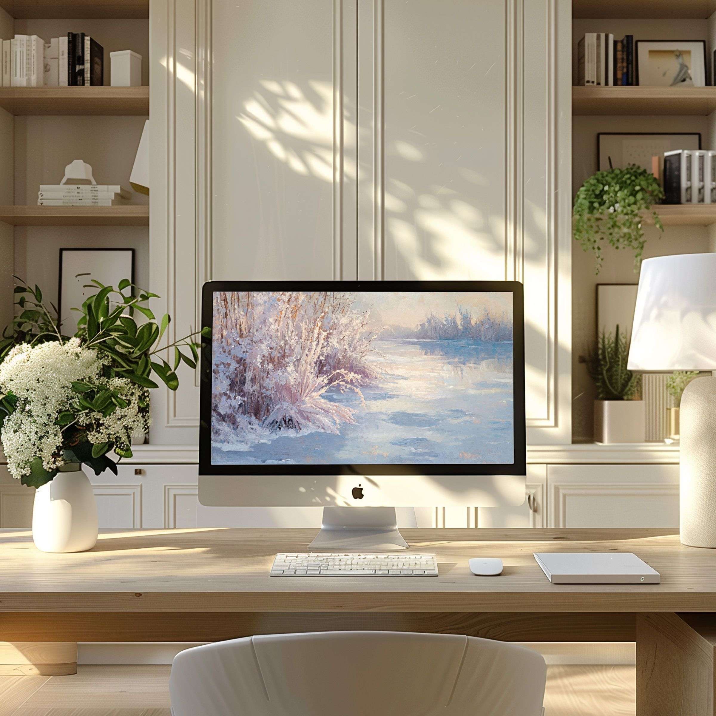 Inspiring serene winter landscape digital wallpaper for computer enhancing modern home office ambiance on PC or Laptop screens