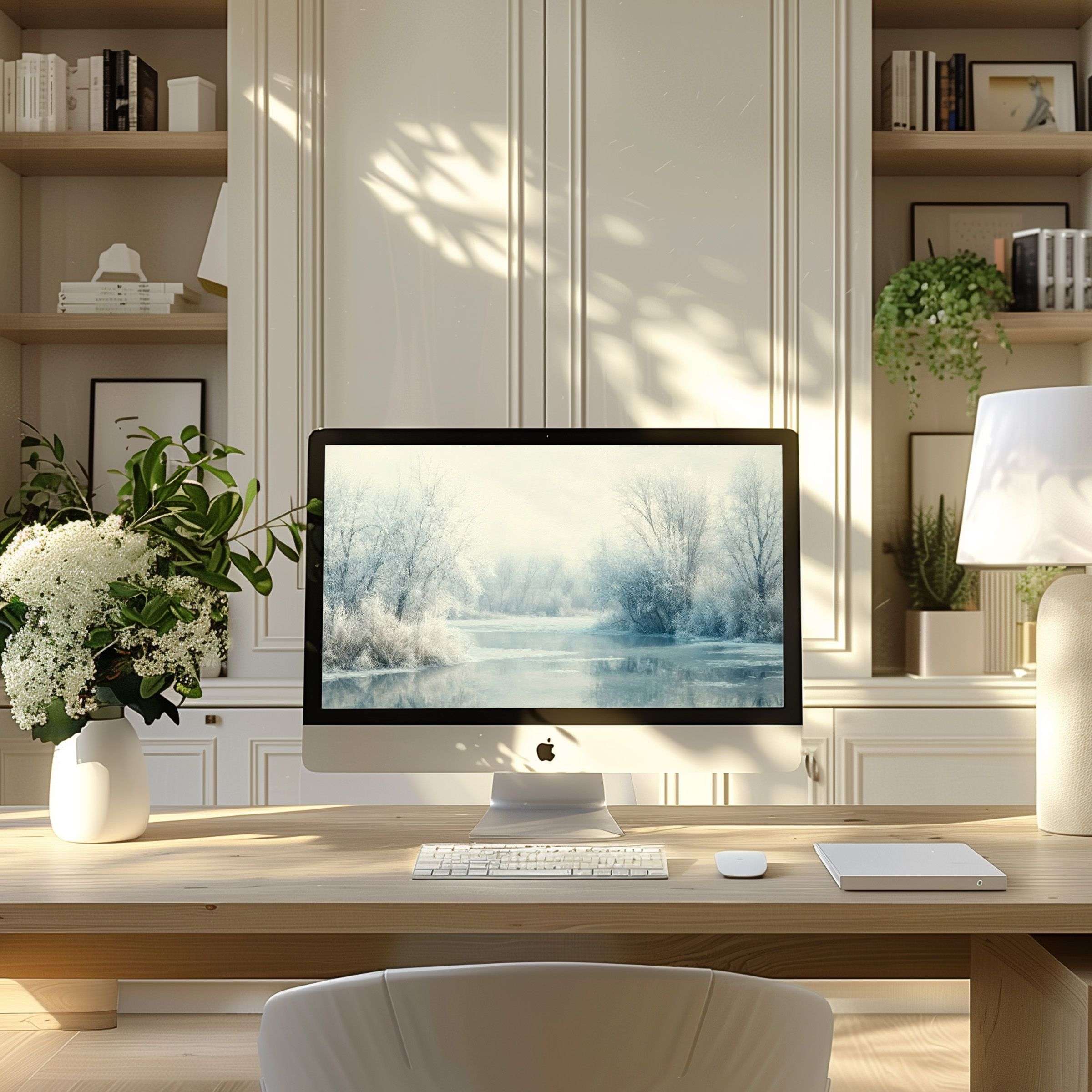 Elegant winter landscape wallpaper for computer enhances PC and laptop screens with calm inspiration in a modern home office setting