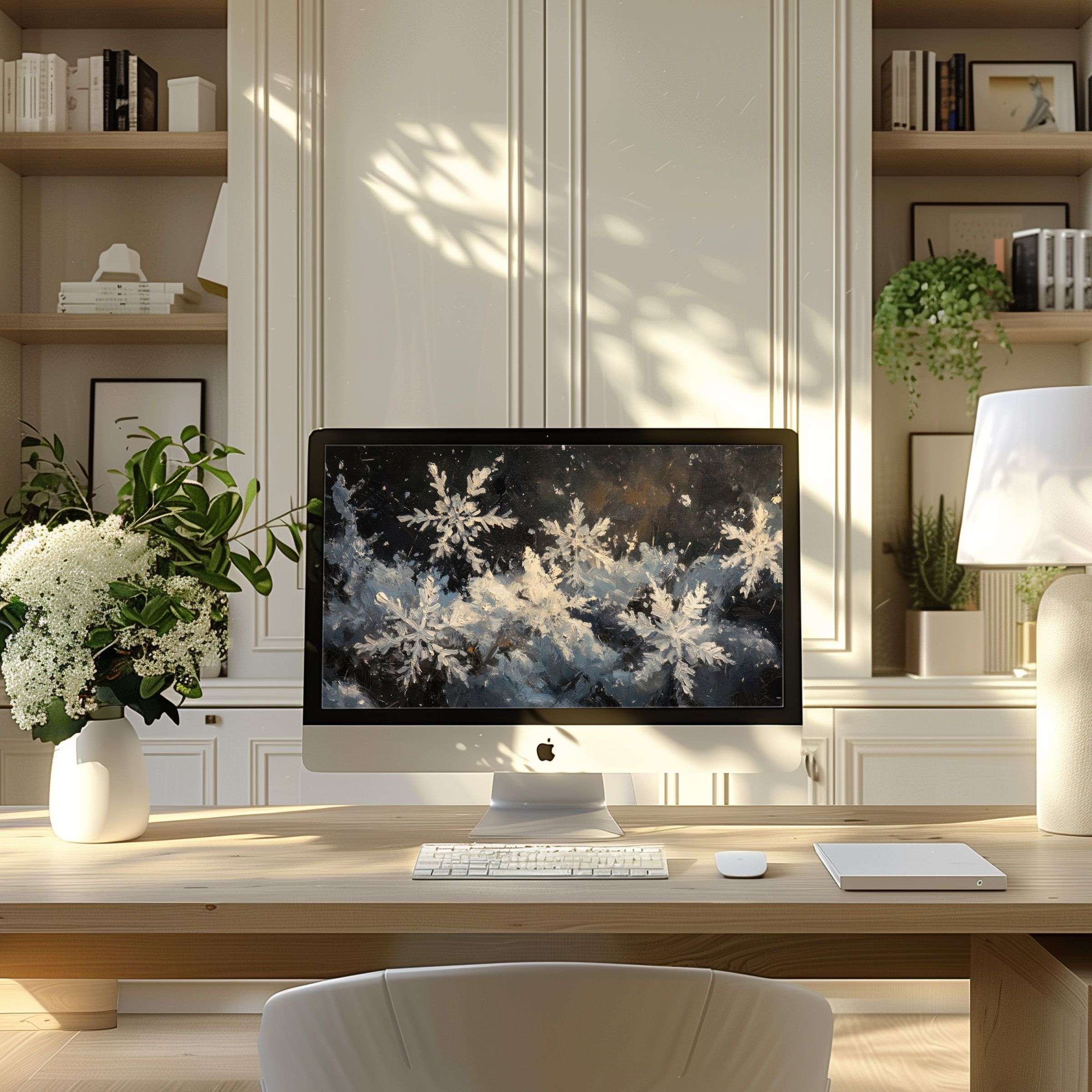 Elegant snowflake art wallpaper for computer inspires calm in a modern home office, perfect for PC or laptop digital download