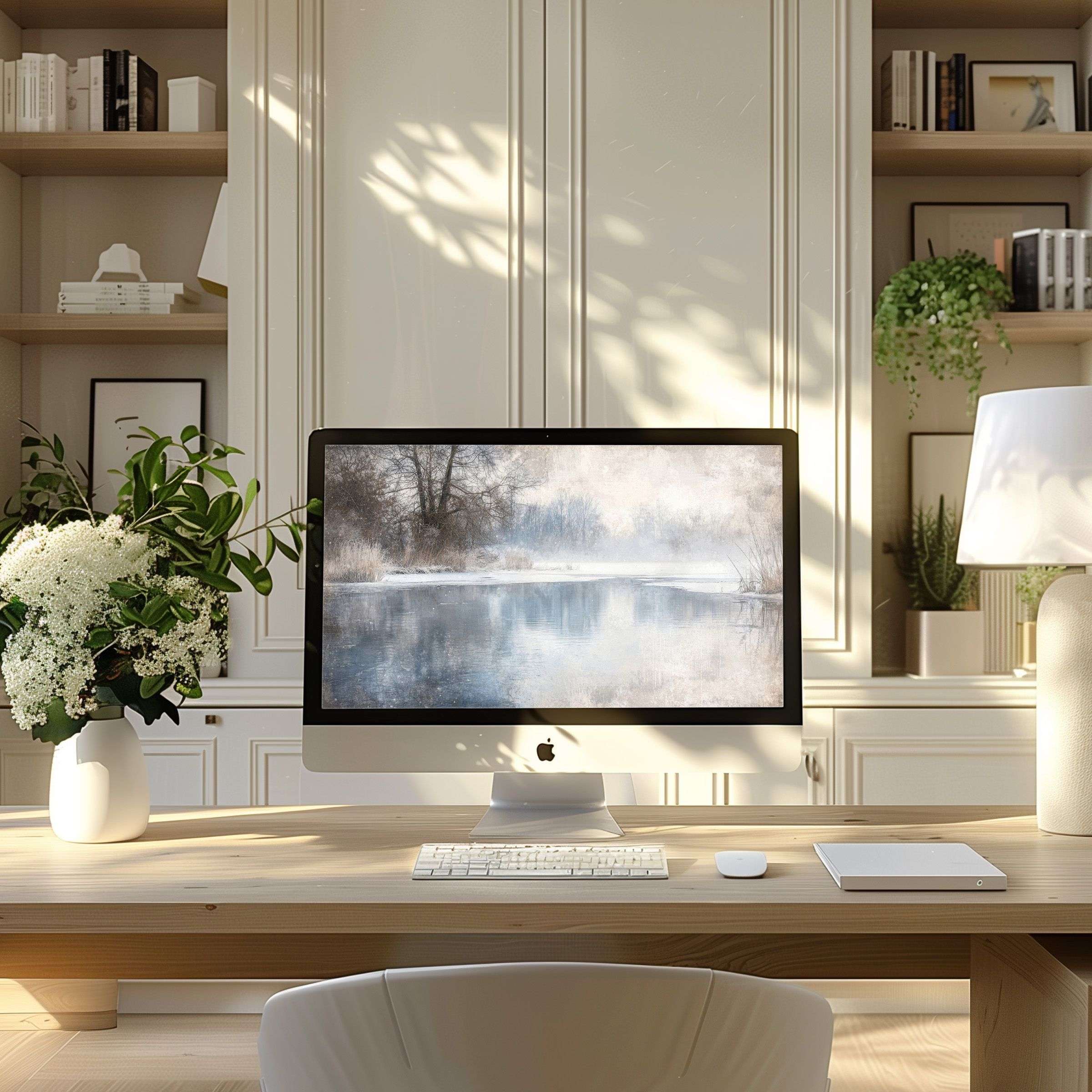Elegant digital art on a modern PC in a serene home office offers calming inspiration for laptop and computer wallpaper