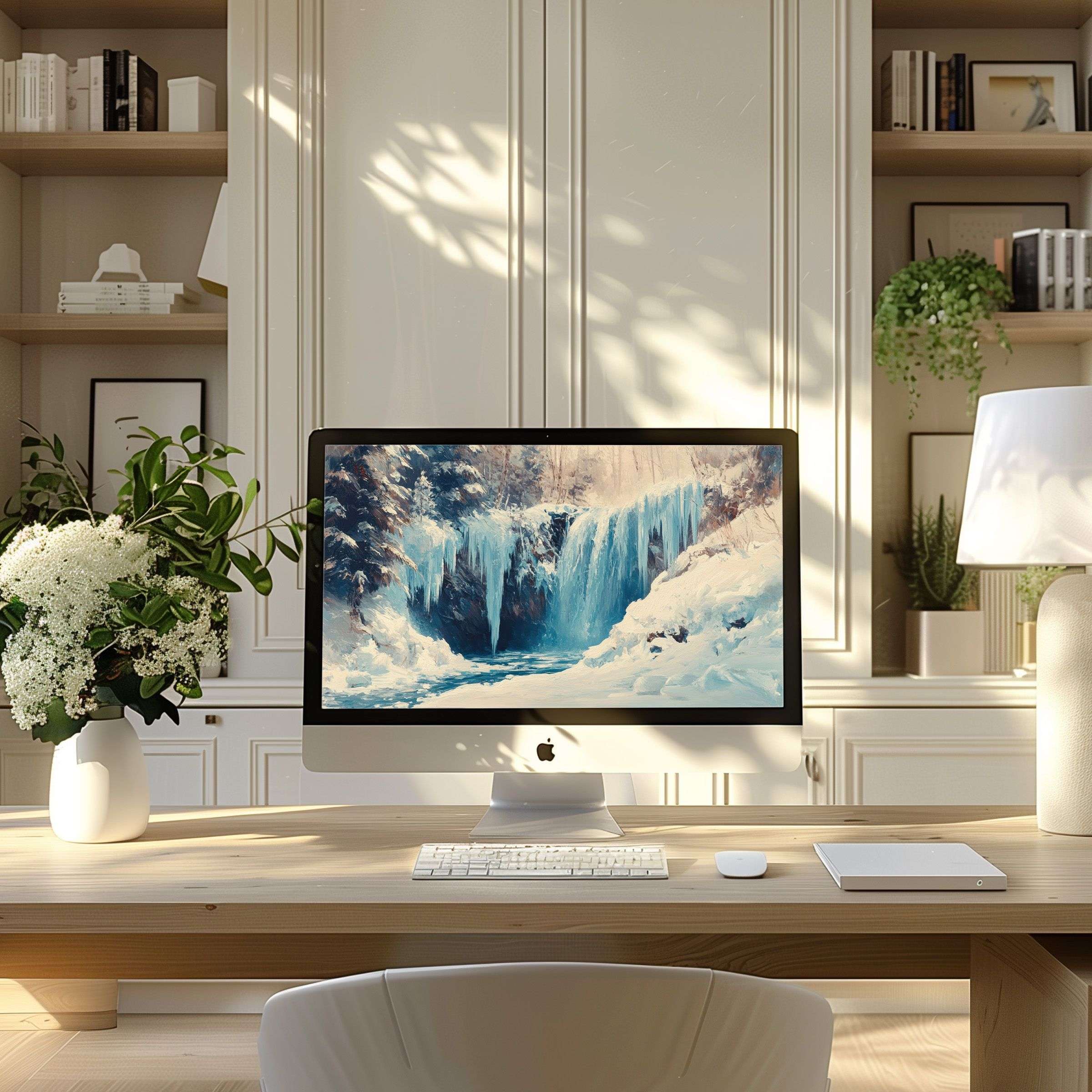 Elegant waterfall art as wallpaper for computer inspires calm in a modern home office setting perfect for PC or Laptop users