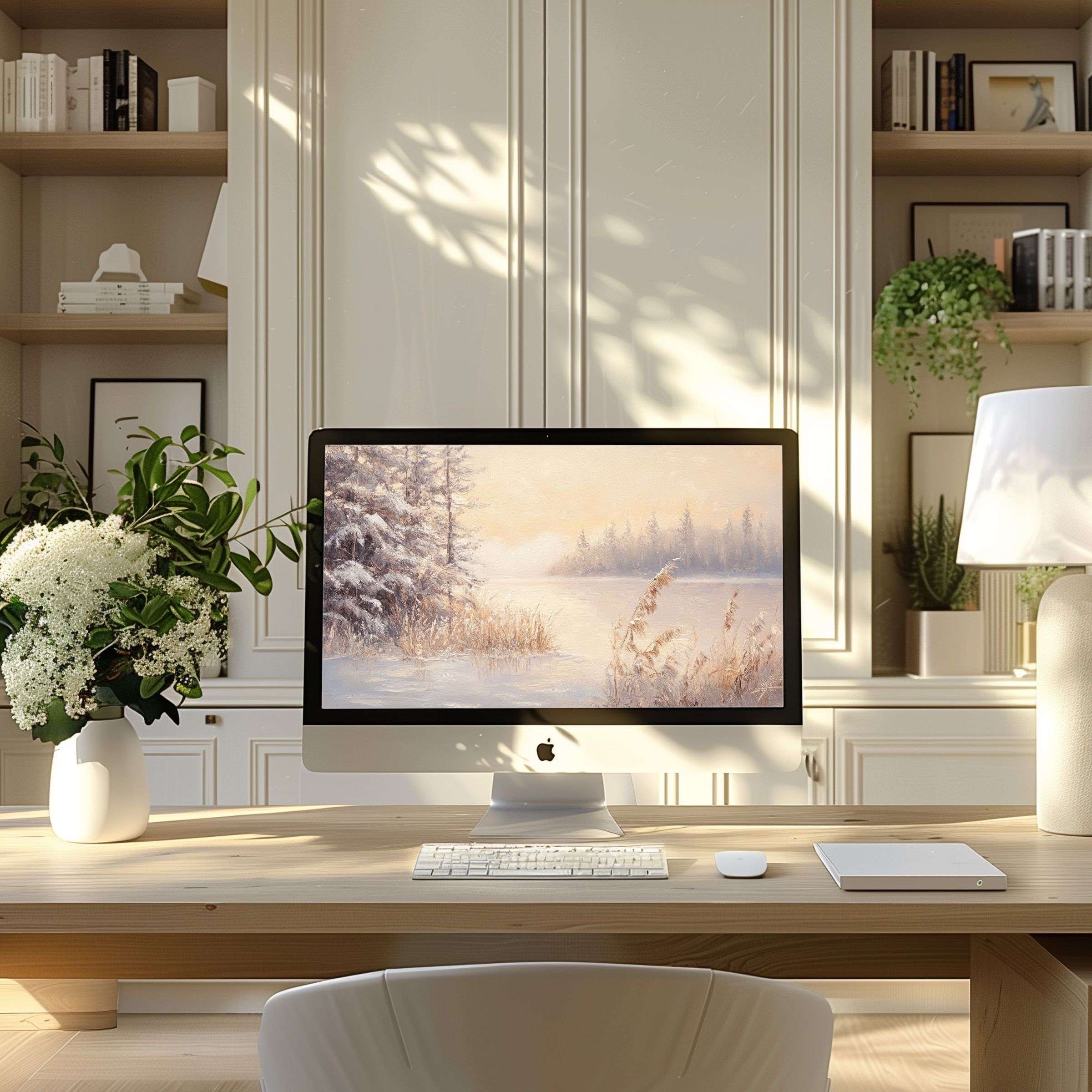Serene winter landscape artwork on a modern office desktop, perfect wallpaper for computer, PC, and laptop for elegant inspiration