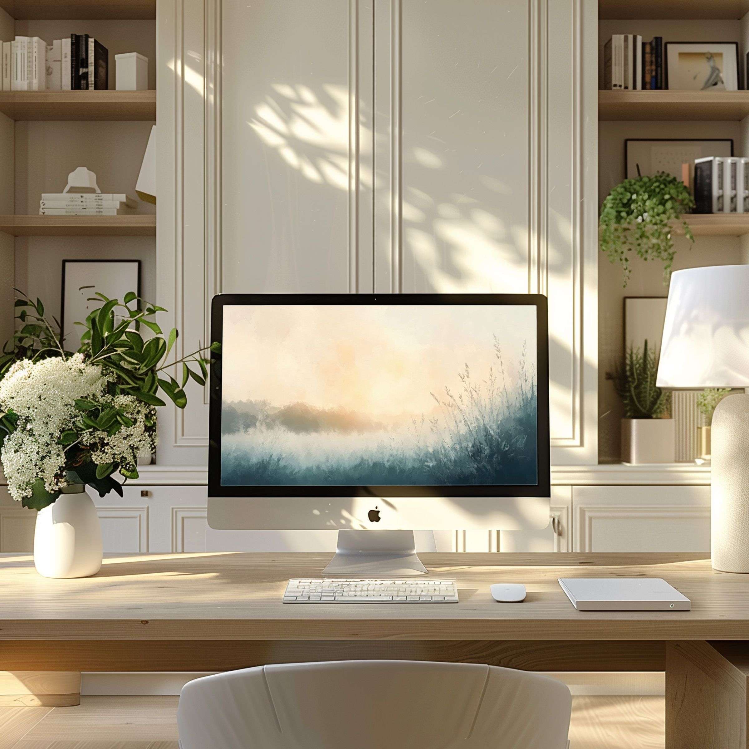 Elegant digital artwork featuring calming abstract nature design, perfect as a wallpaper for computer, PC, and laptop use, ideal for modern home offices and digital download