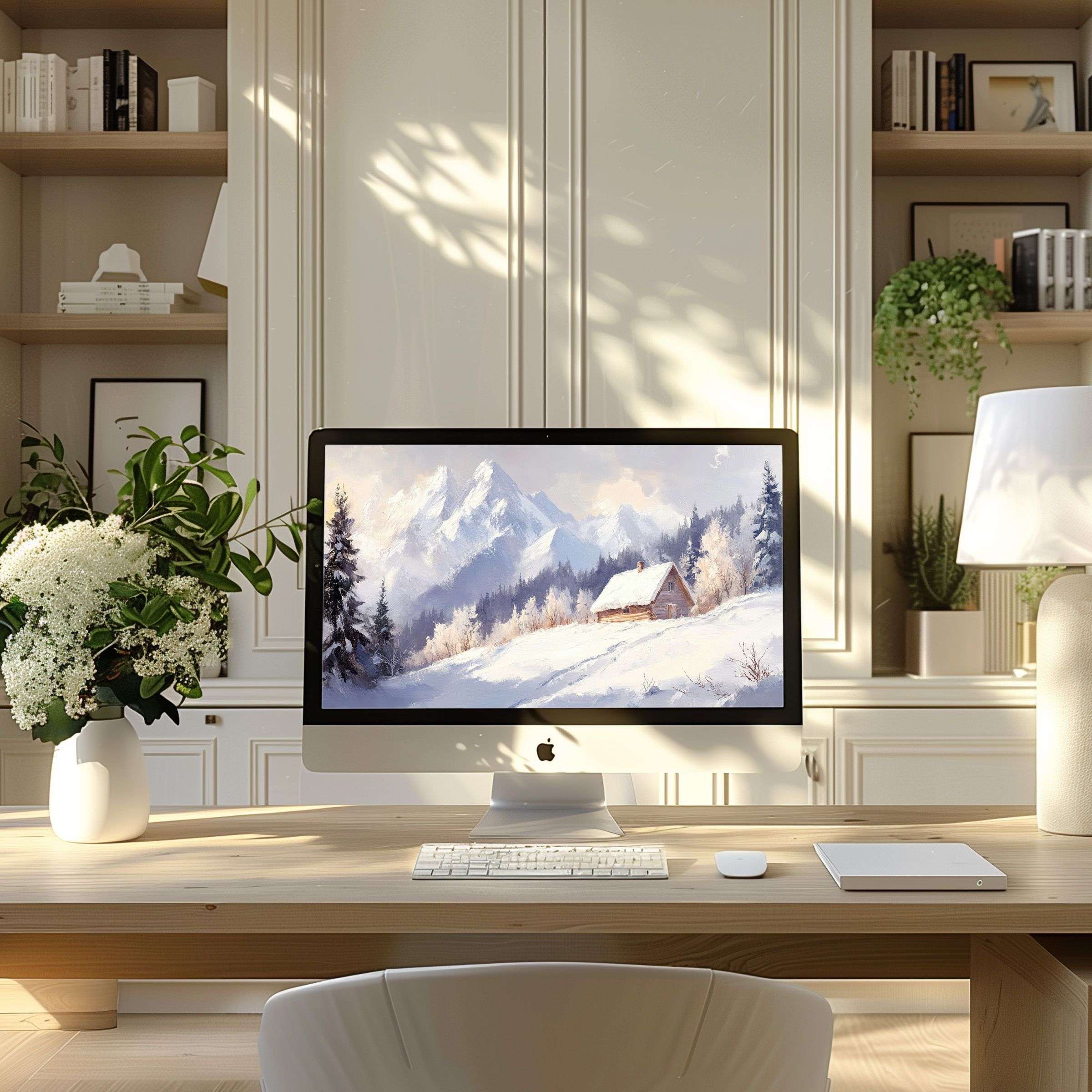 Calming snowy mountain scene wallpaper for computer, perfect for PC or laptop, adds elegance to a modern home office setup