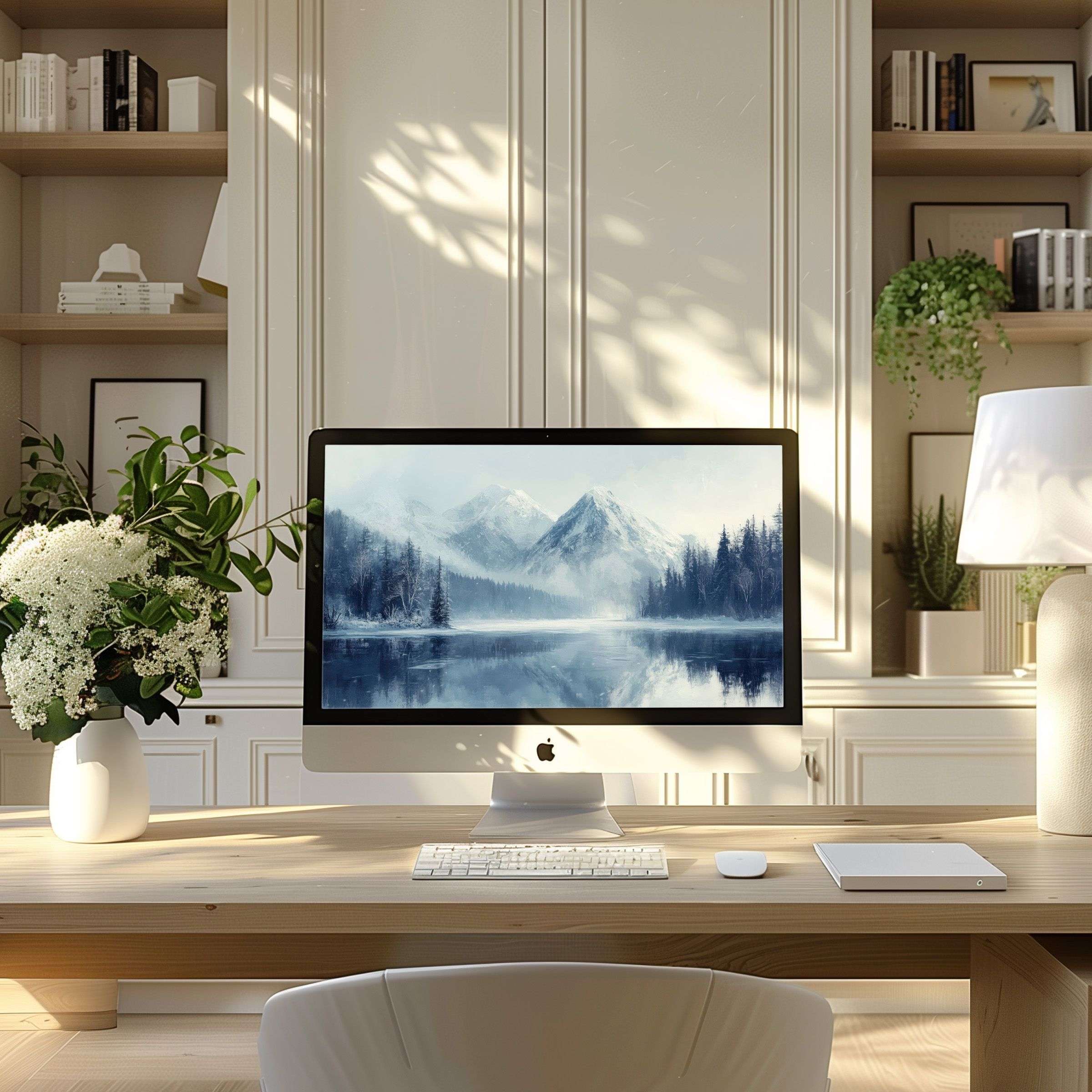 Elegant mountain lake wallpaper for computer brings calm to modern home office setup; fits PC, laptop, ultrawide download