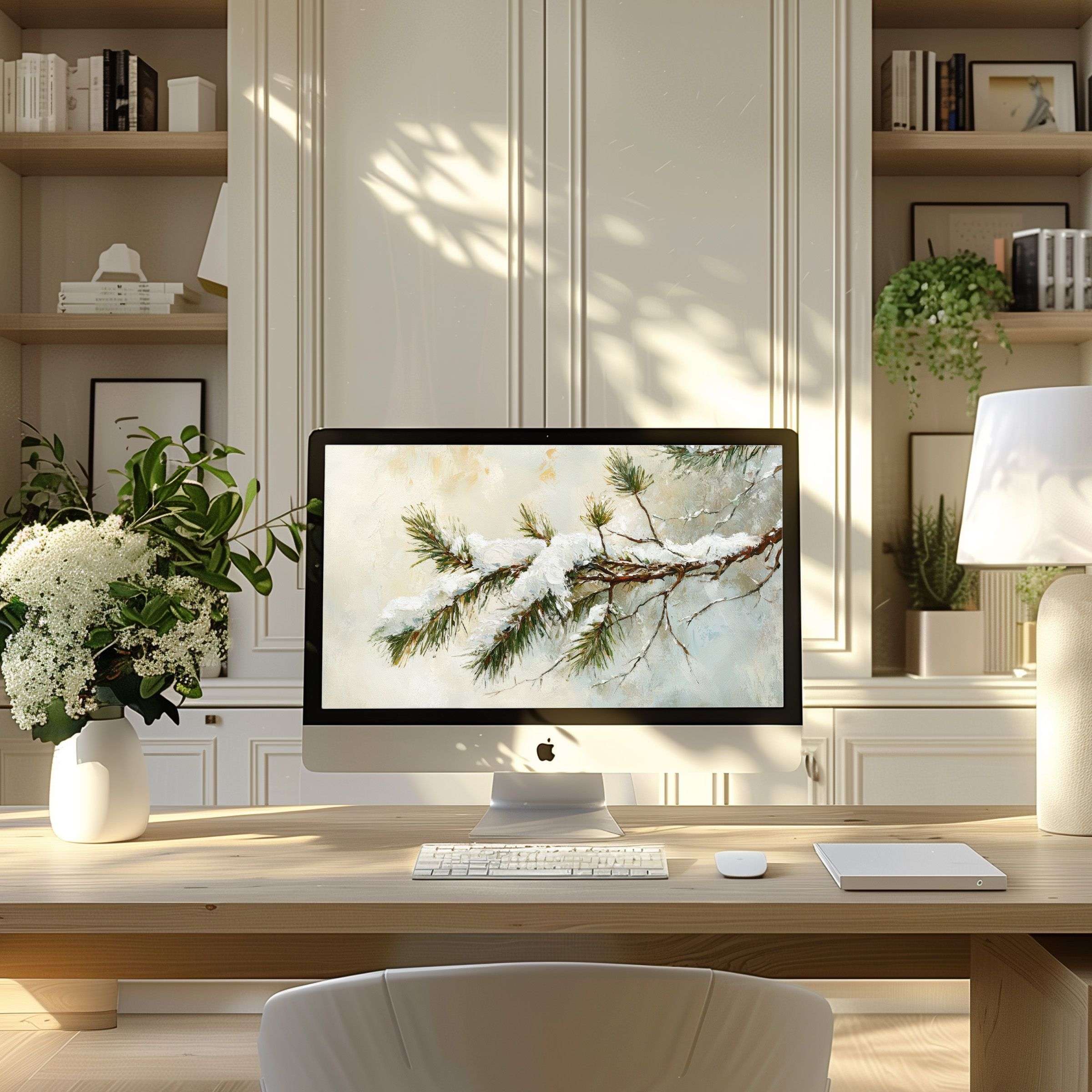 Elegant winter branch wallpaper for computer inspires calm, fits PC or laptop screens, ideal for modern home office decor