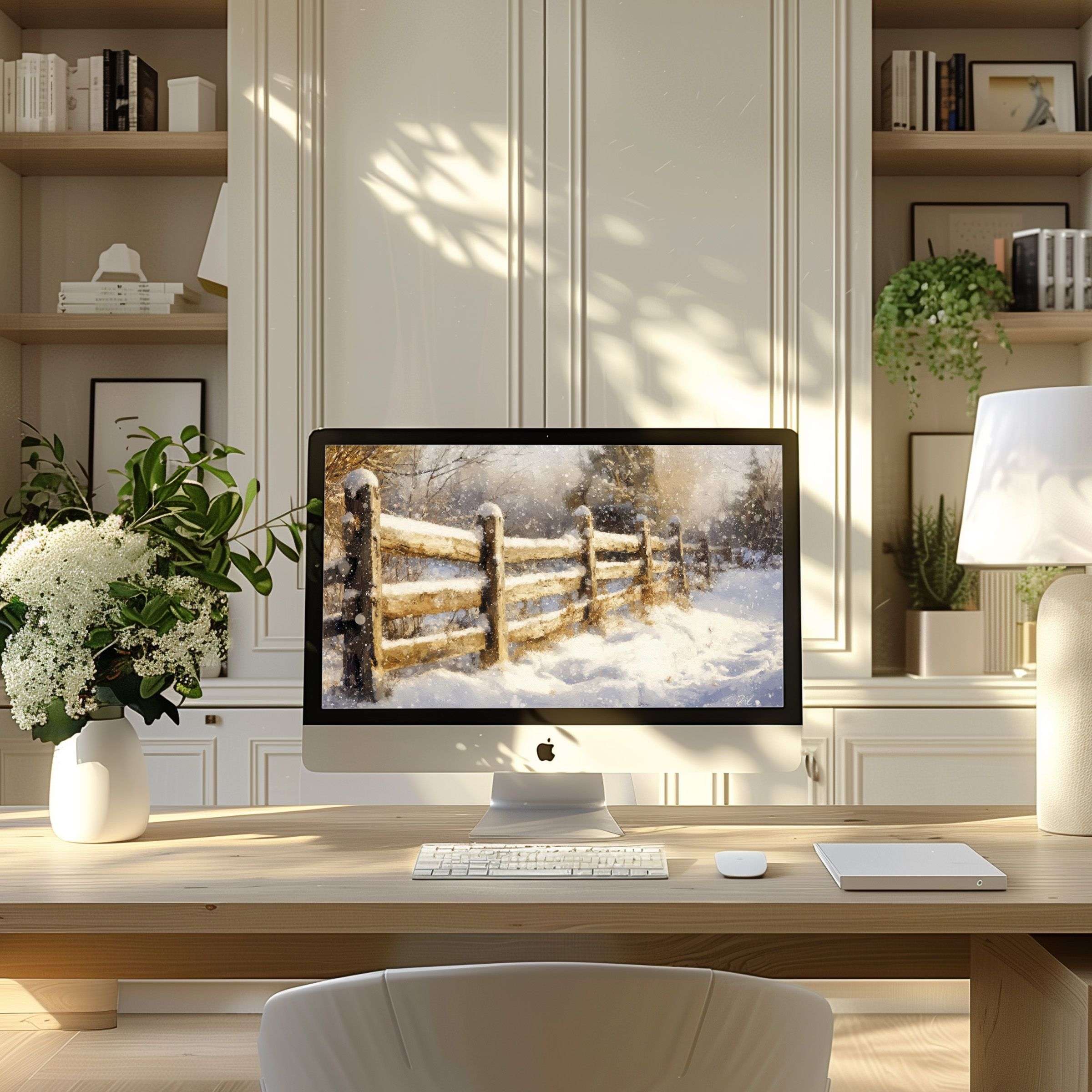 Elegant snowy fence digital art as wallpaper for computer PC or laptop enhancing modern home office with calm inspiration