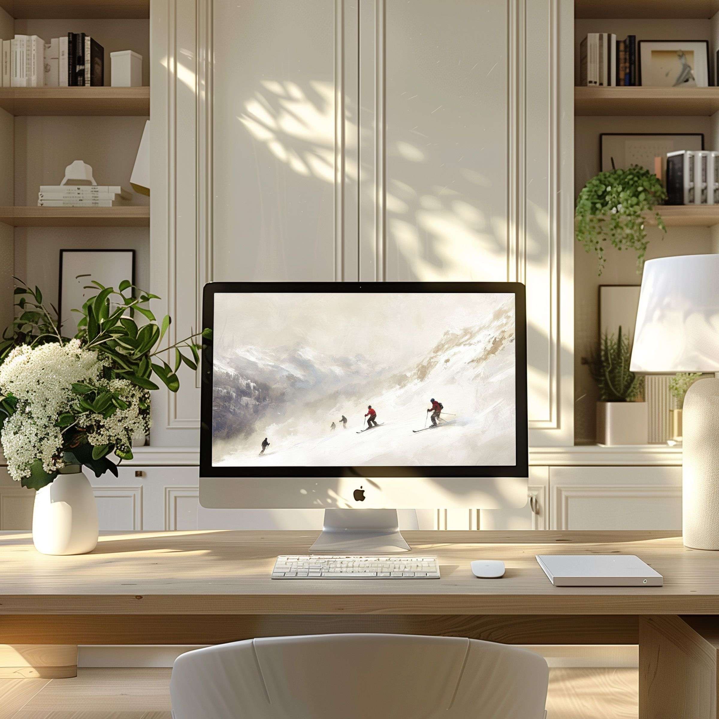 Elegant ski-themed wallpaper for computer and laptop enhances a modern home office desk with calm, inspiring aesthetics