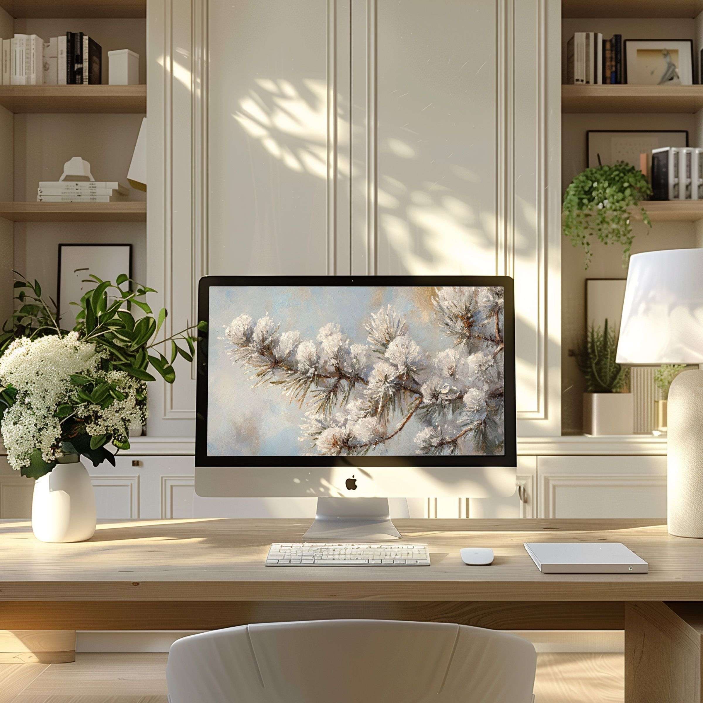 Elegant snowy branches form a serene digital artwork wallpaper for computer, perfect for PC or Laptop setups in modern home offices