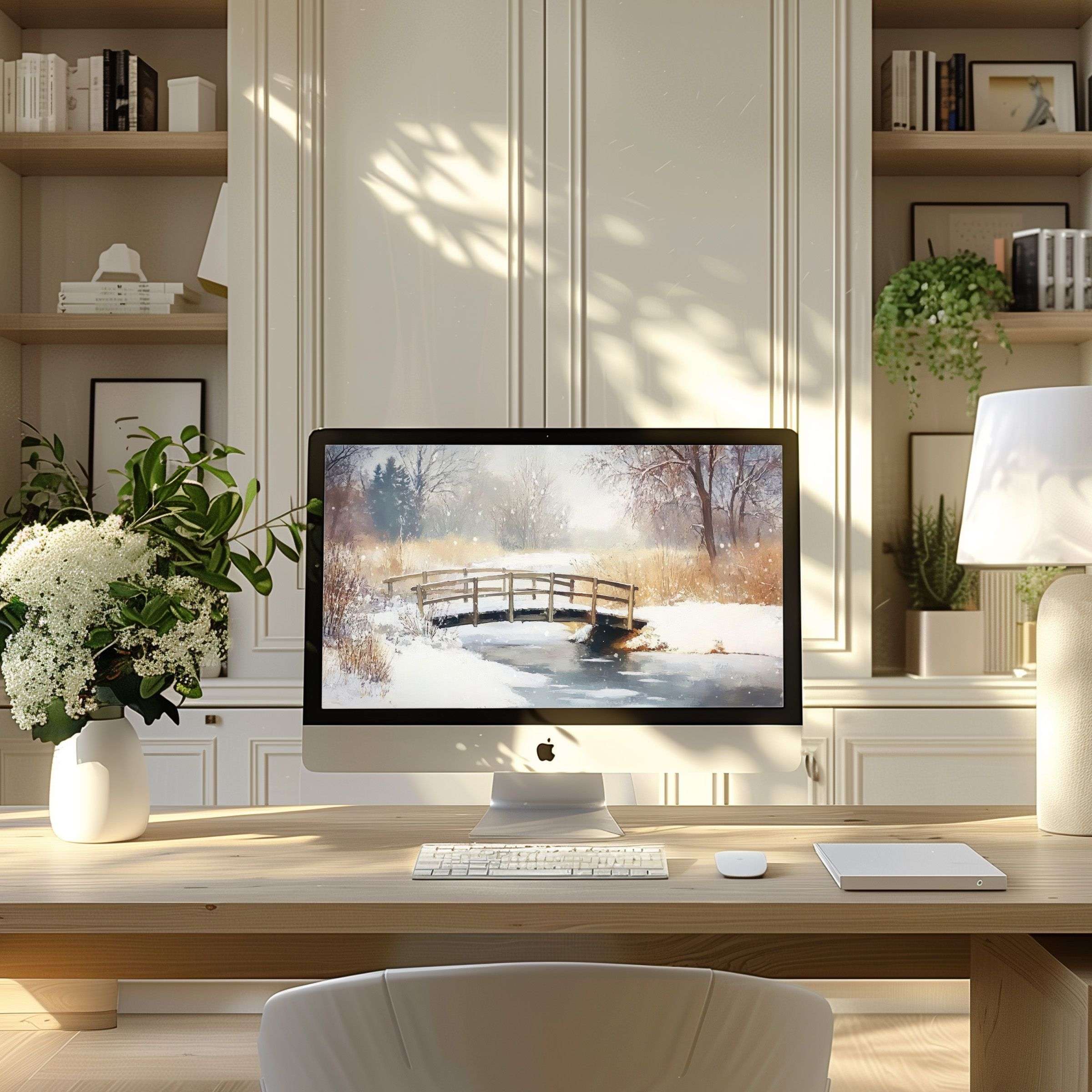 Inspiring winter bridge artwork wallpaper for computer, enhancing PC and laptop elegance with calm digital download for home office