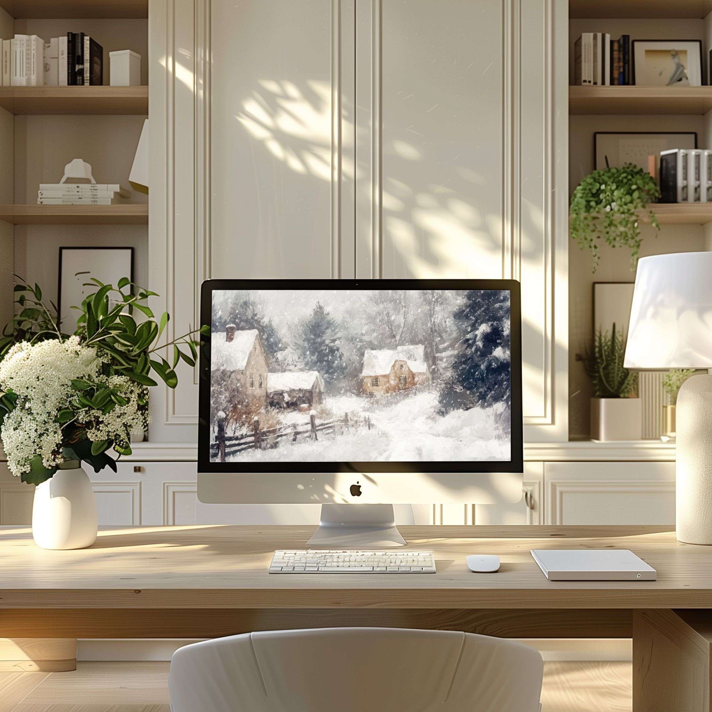 Elegant snow-covered cottages in digital art offer calm inspiration and aesthetics as a wallpaper for computer, PC, or laptop use