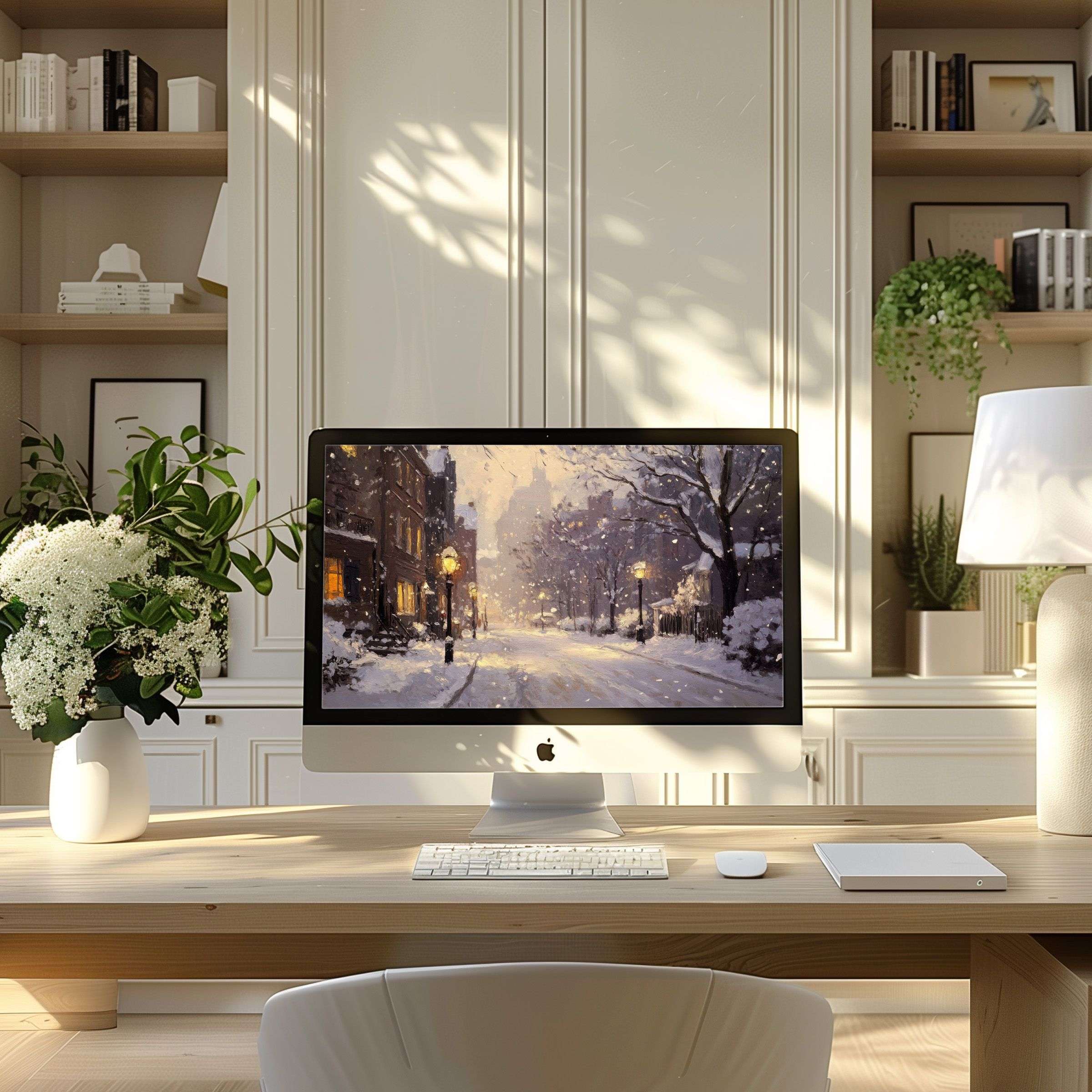 Elegant snowy cityscape wallpaper for computer offering calm inspiration for PC and laptop modern home office setups