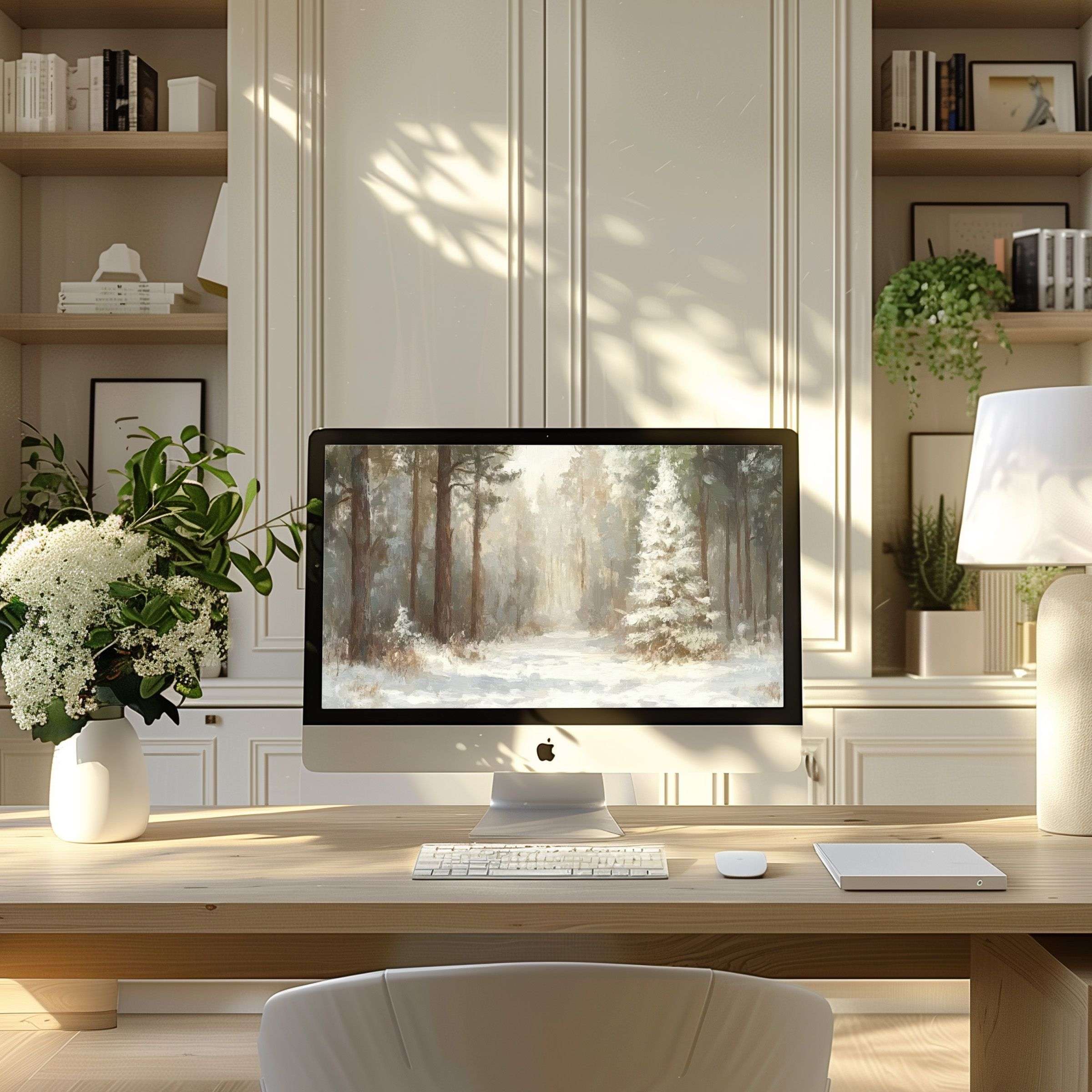 Elegant forest scene wallpaper for computer displayed in a modern home office, ideal for PC, laptop, ultrawide digital download