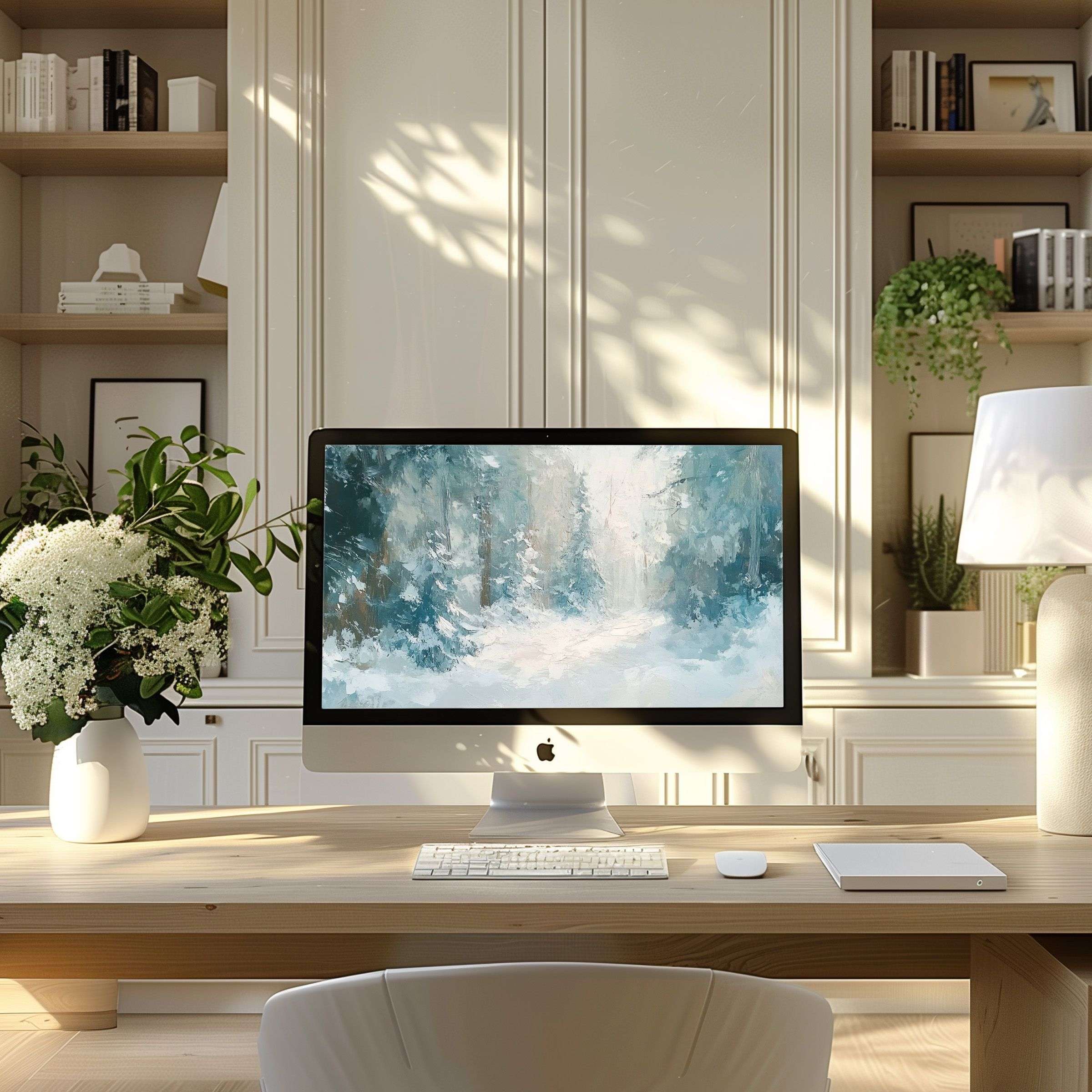 Elegant winter forest wallpaper for computer evokes calm and inspiration, perfect for PC, laptop, ultrawide digital download