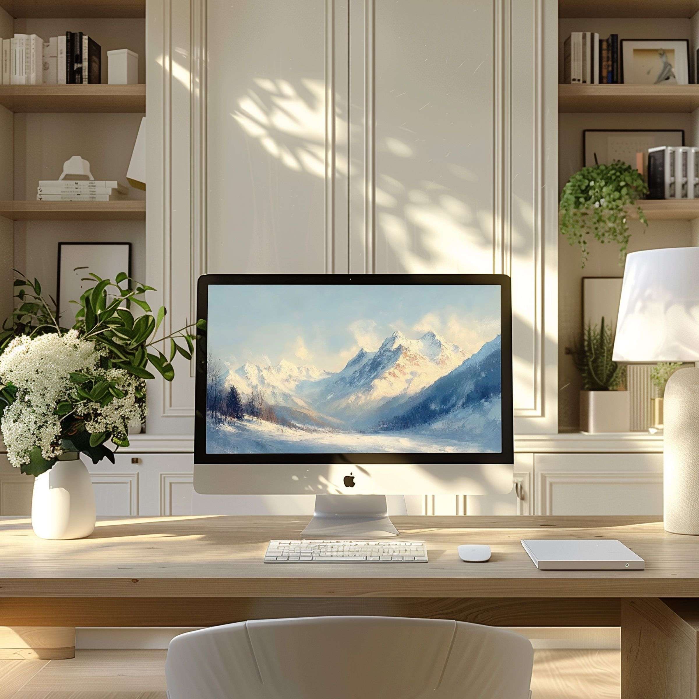 Elegant mountain artwork wallpaper for computer inspires calm elegance in modern home office setting ideal for PC and laptop displays