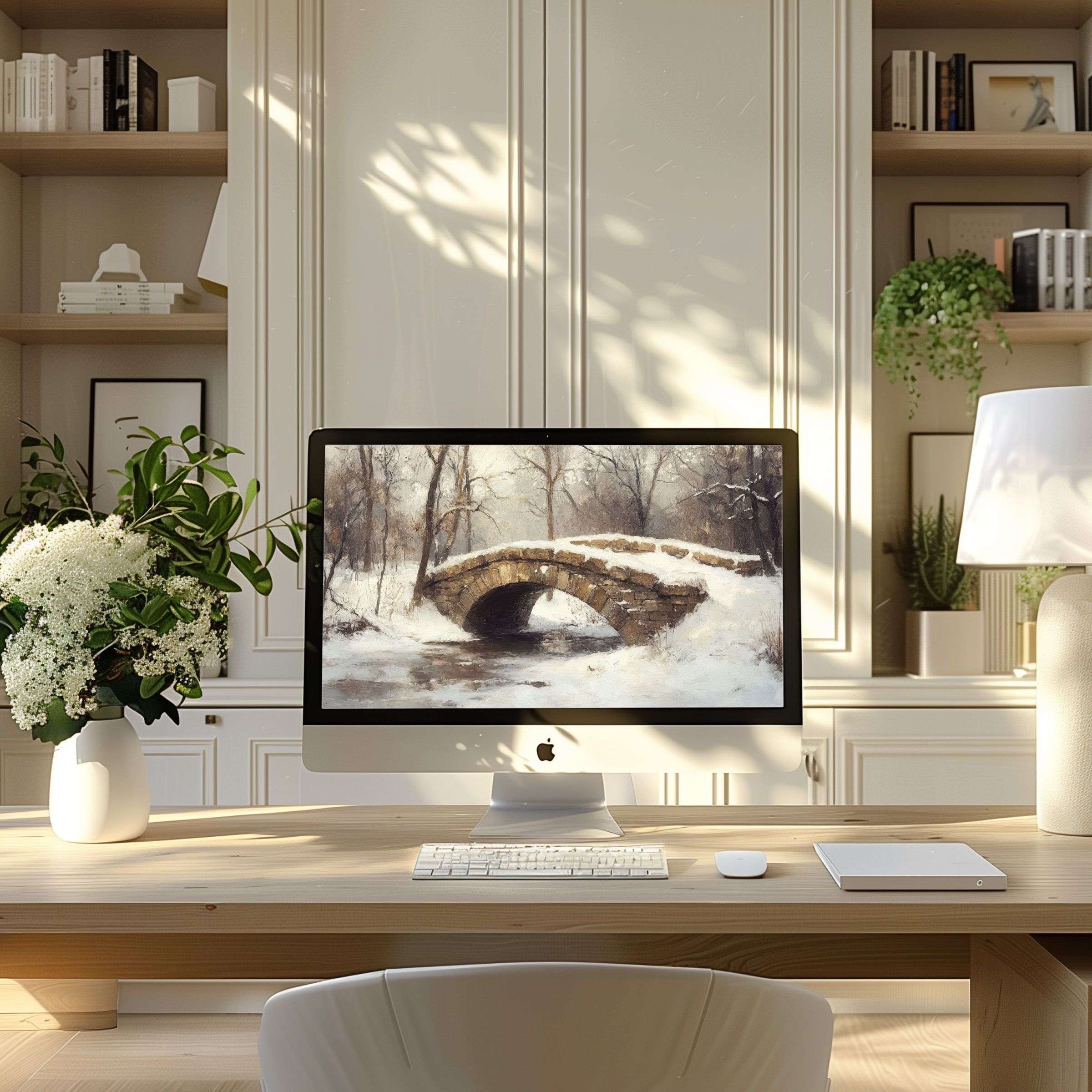 Elegant winter bridge artwork creates a calming wallpaper for computer, PC, or laptop in a modern, serene home office