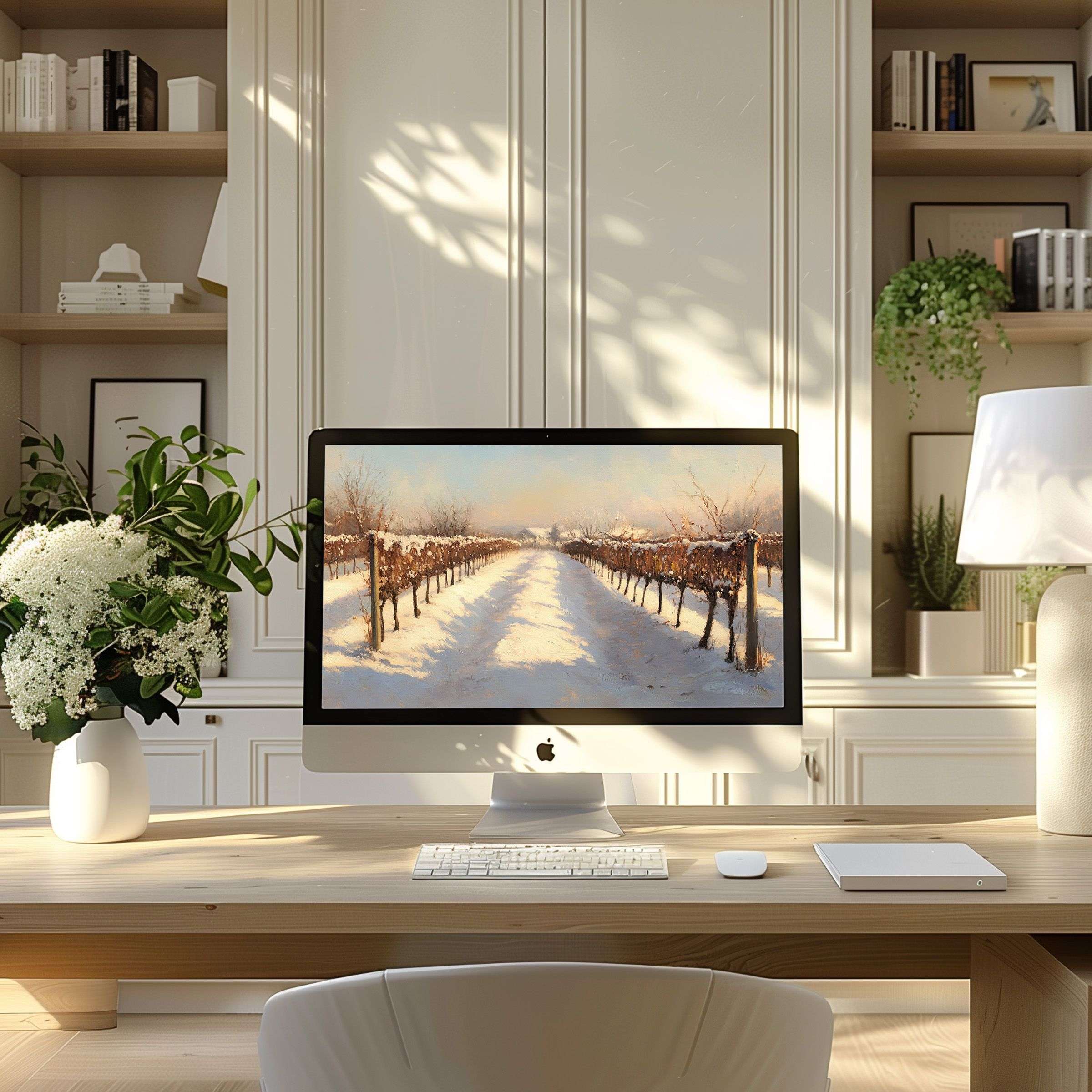 Elegant vineyard-themed digital wallpaper for computer offers calm inspiration for PC and laptop users in a modern home office