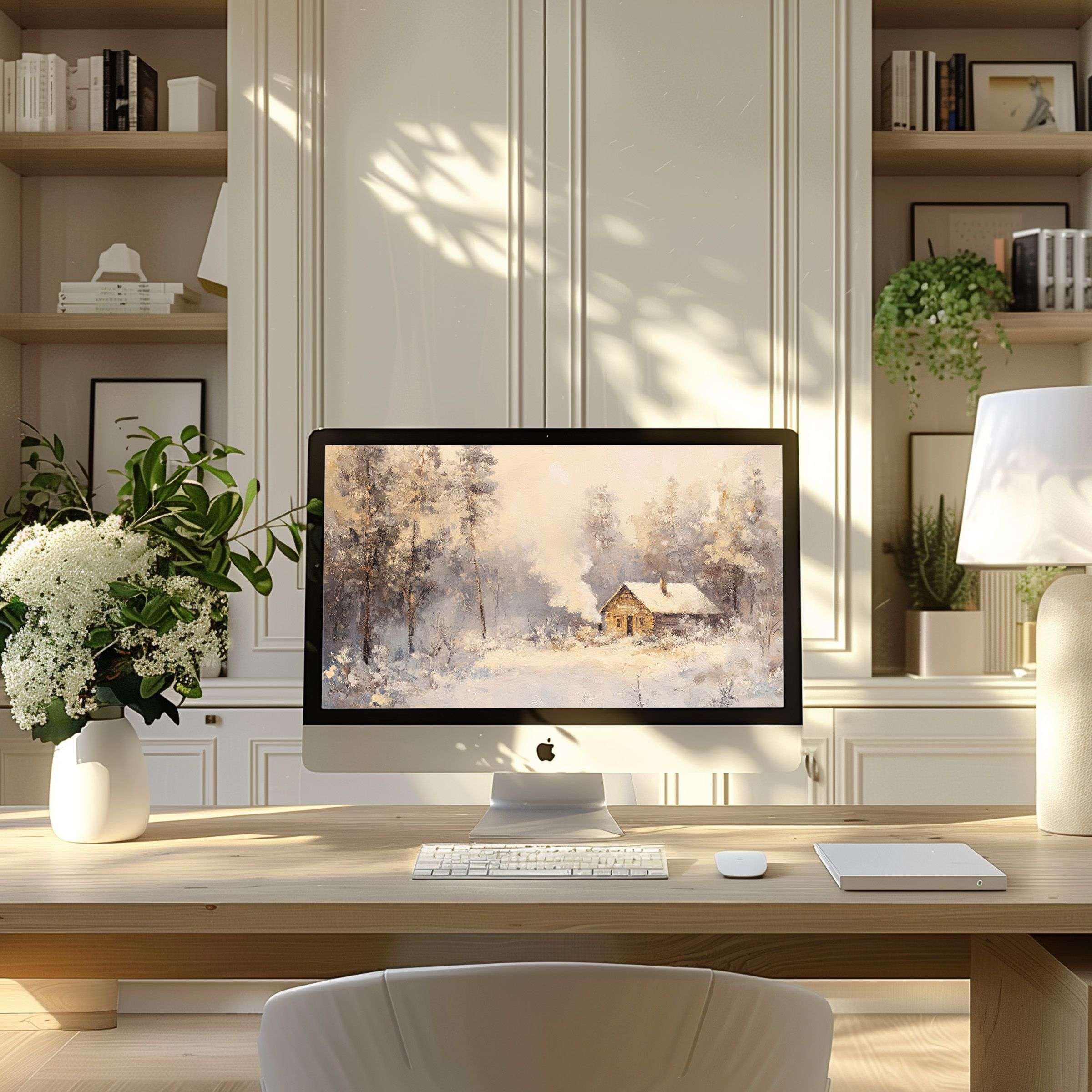 Elegant winter landscape wallpaper for computer; enhances PC or laptop screens with serene charm; perfect for modern home offices