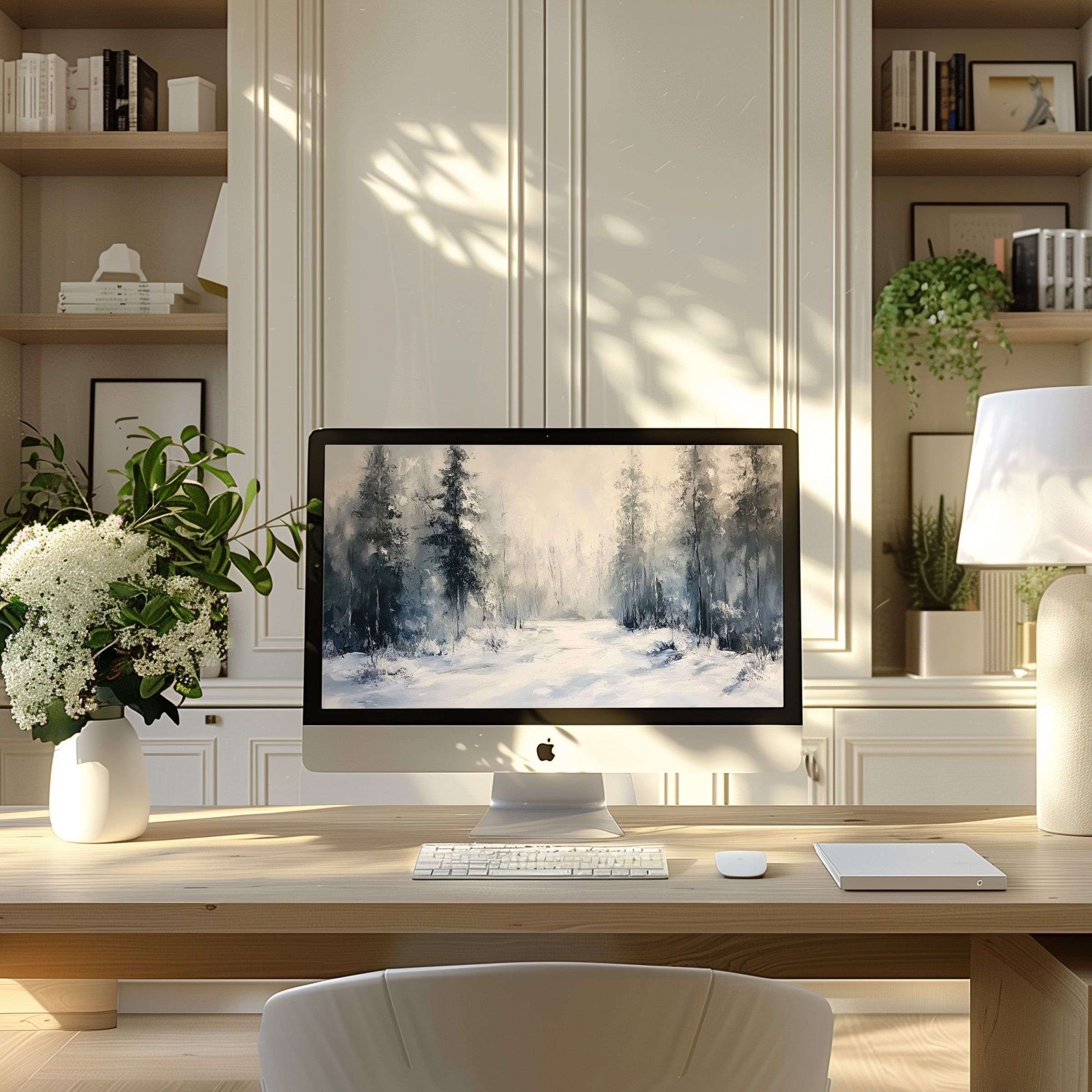 Inspiring forest landscape wallpaper for computer, PC, or laptop in a modern home office, offering calm and elegant aesthetics