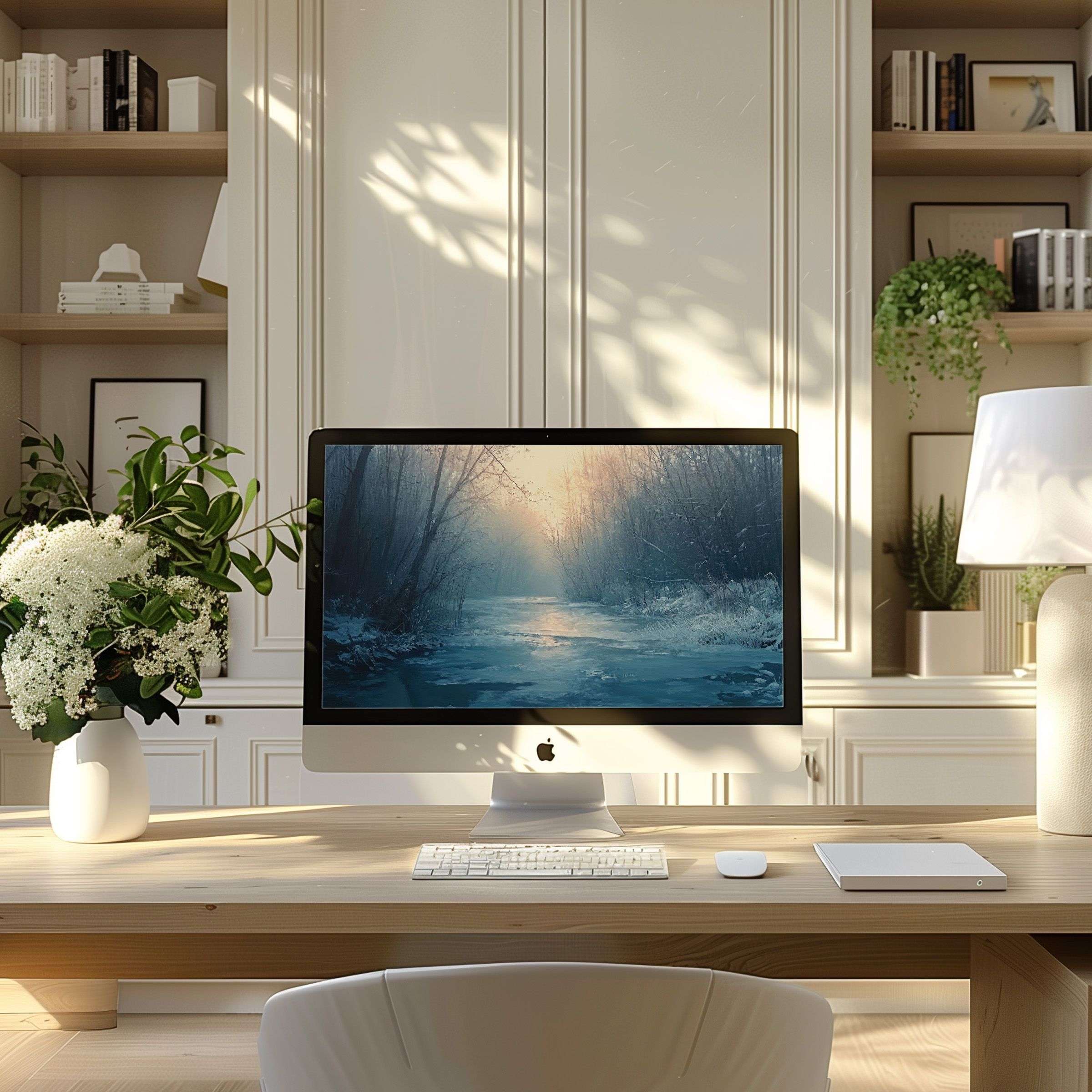 Elegant winter landscape wallpaper for computer offers calm inspiration in a modern home office setting for PC and laptop users