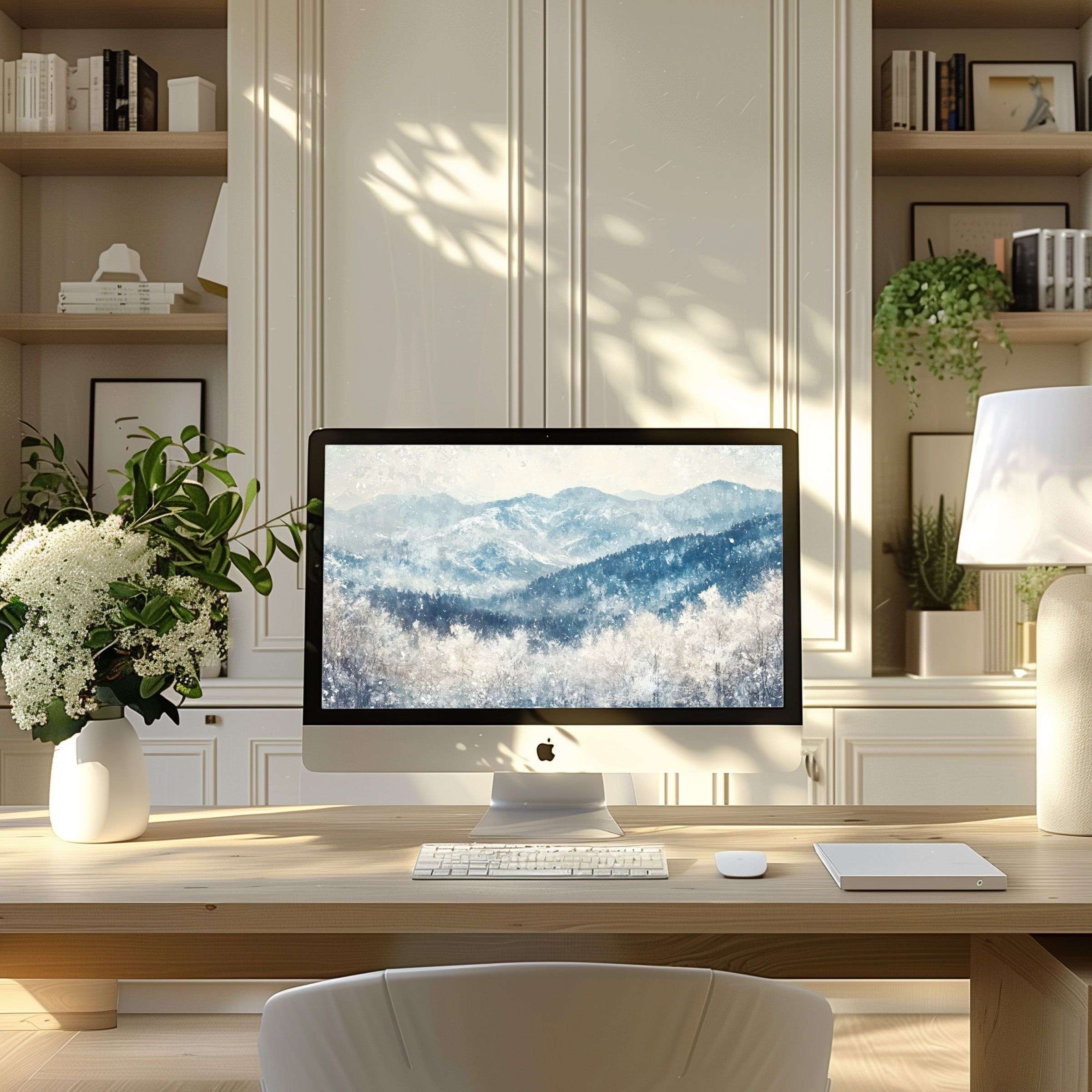 Elegant mountain landscape wallpaper for computer enhances modern home office on PC or laptop inspiring calm and sophistication