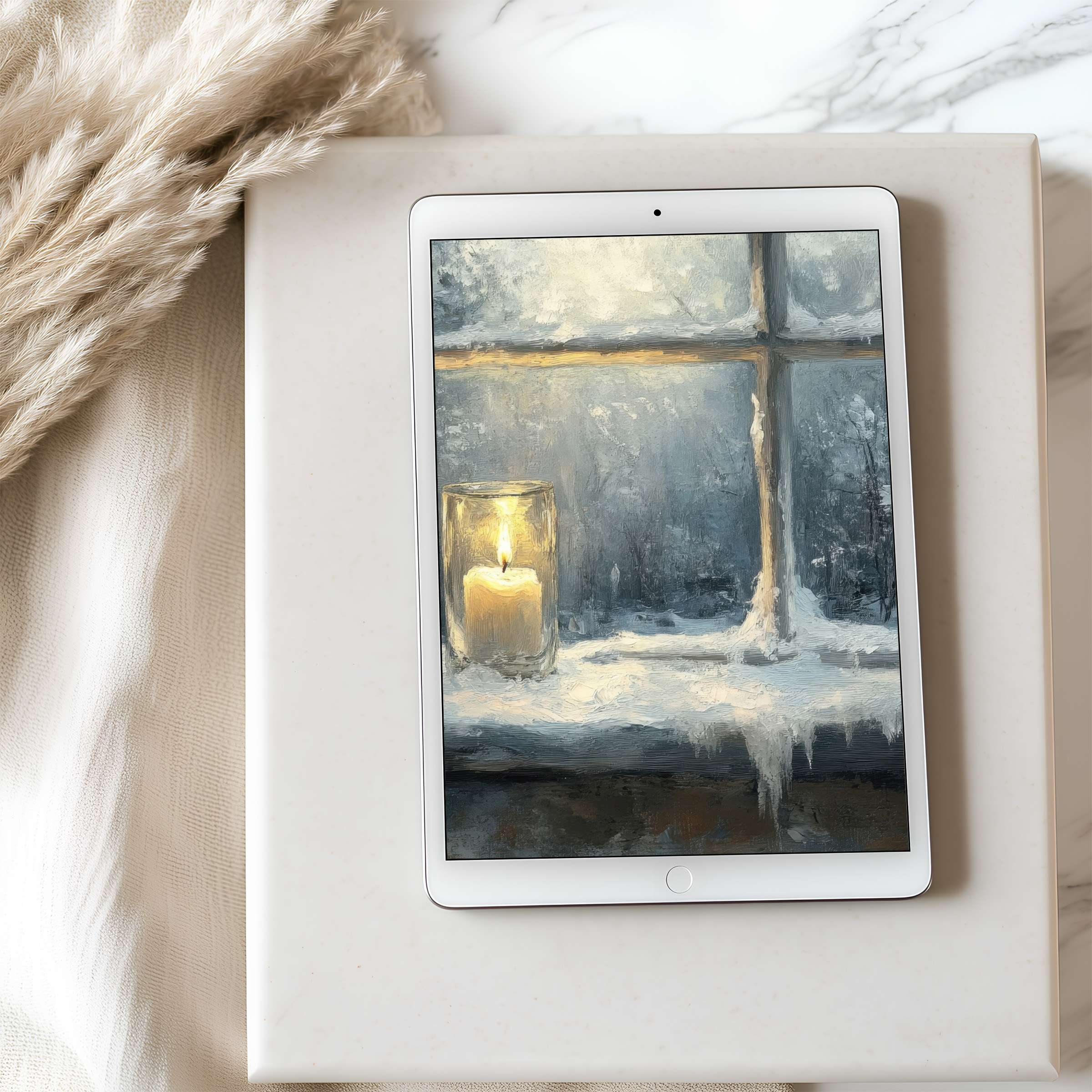 Cozy winter tablet wallpaper featuring a glowing candle by frosted window in serene, high-resolution art for iPad and Android tablets