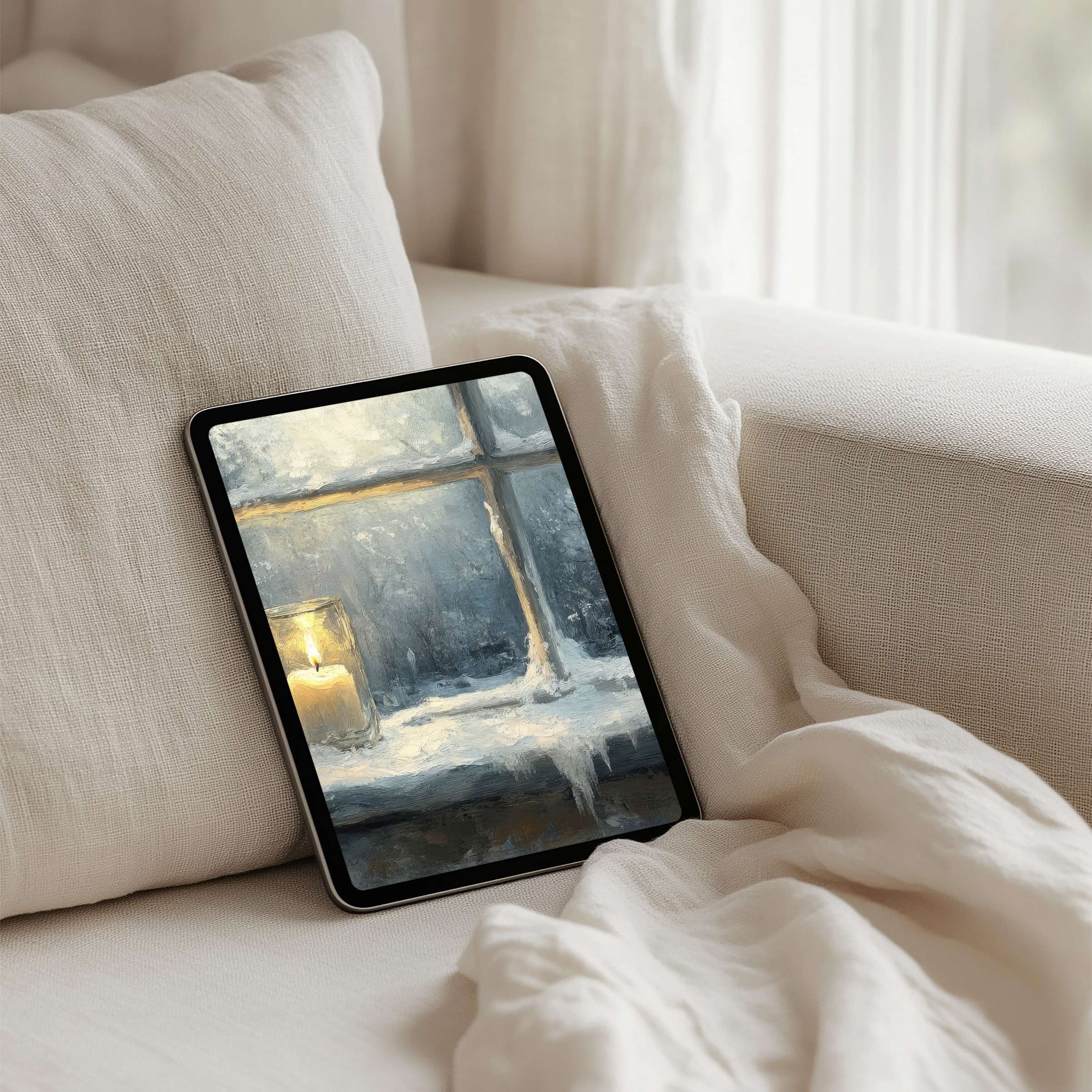 Elegant iPad background with tranquil candlelit window scene offering calm and inspiration for your tablet instant download now